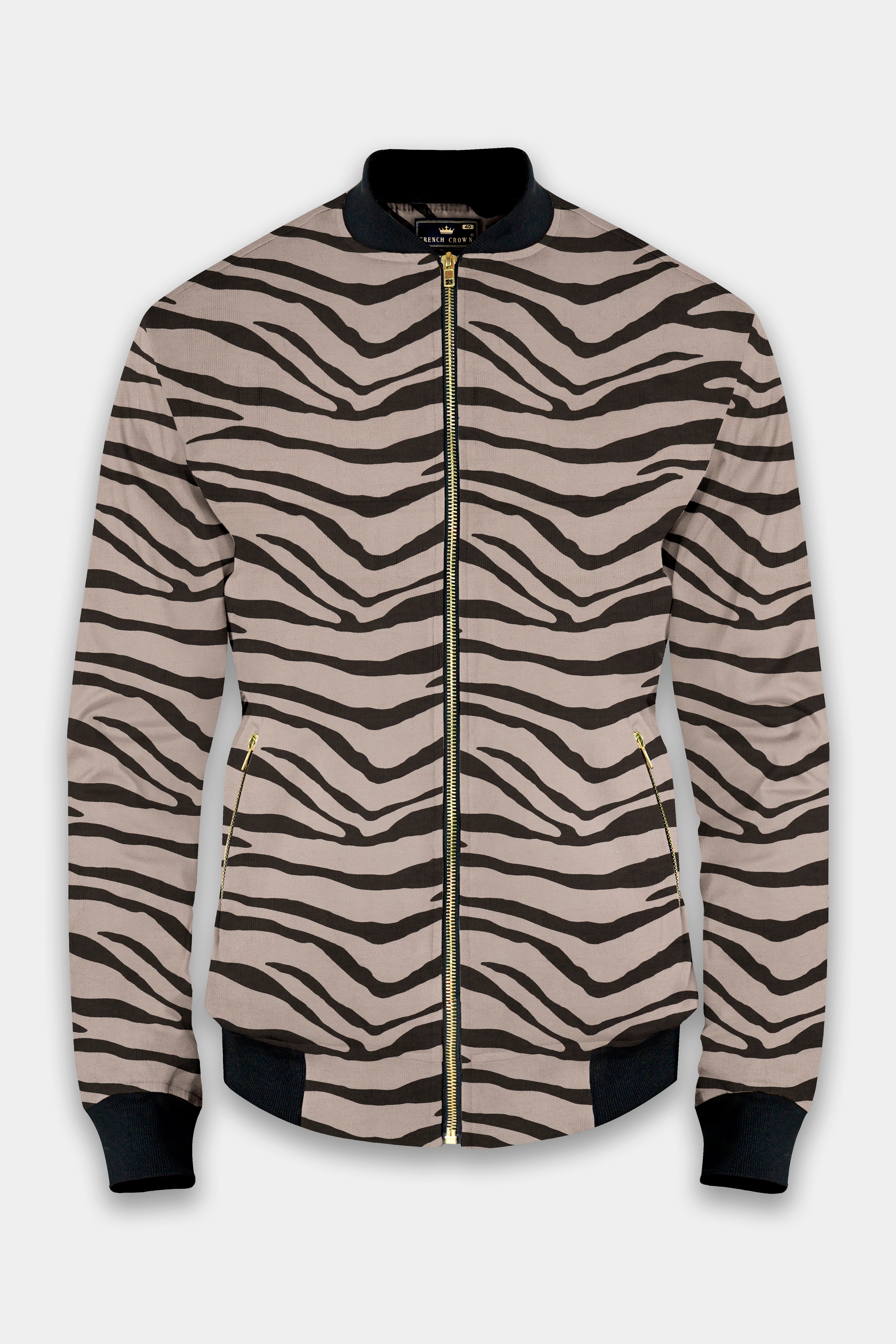 Silk Cream And Zeus Brown Animal Printed Corduroy Premium Cotton Bomber Jacket