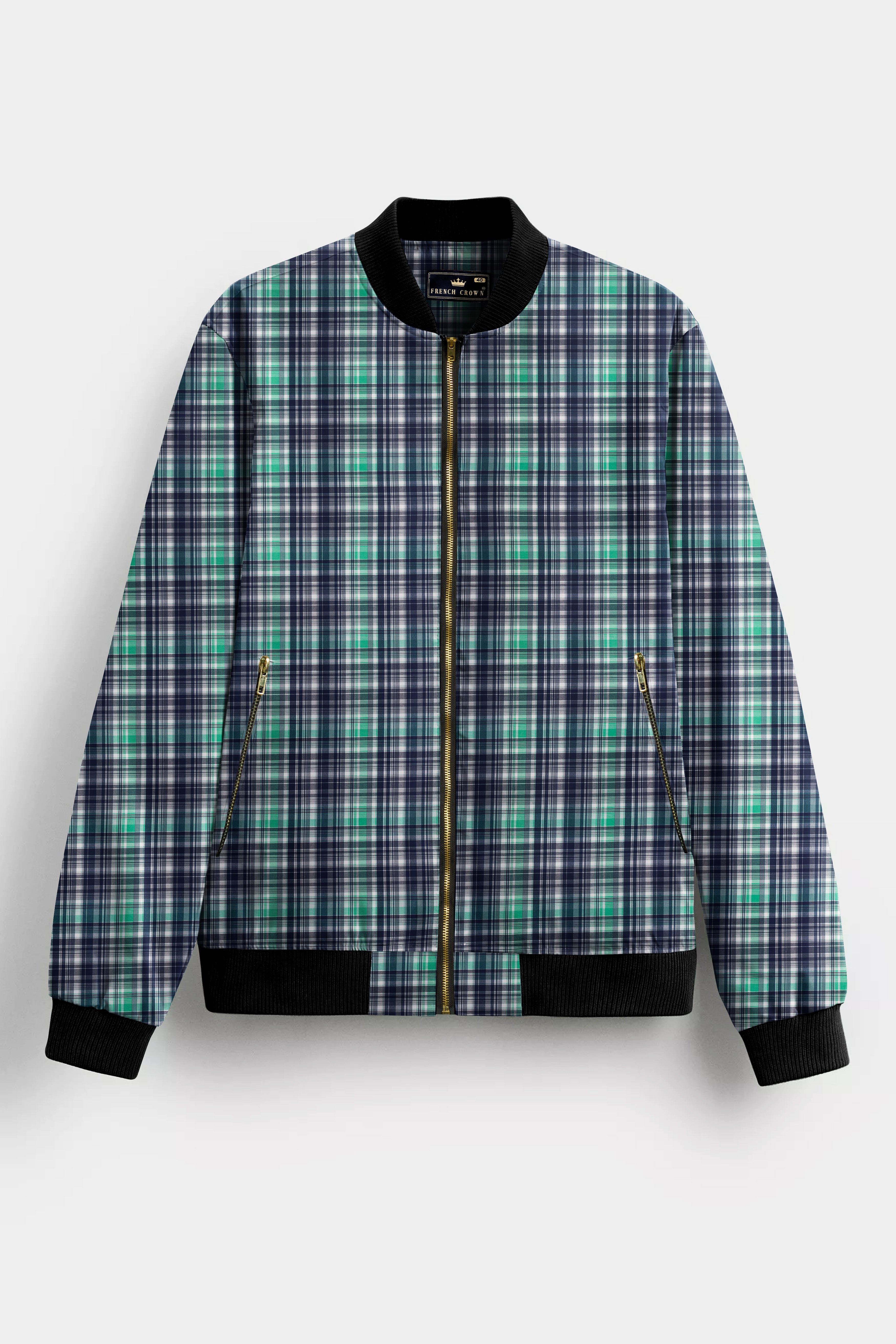 Lochinvar Green And Royal Blue Printed Premium Cotton Bomber Jacket