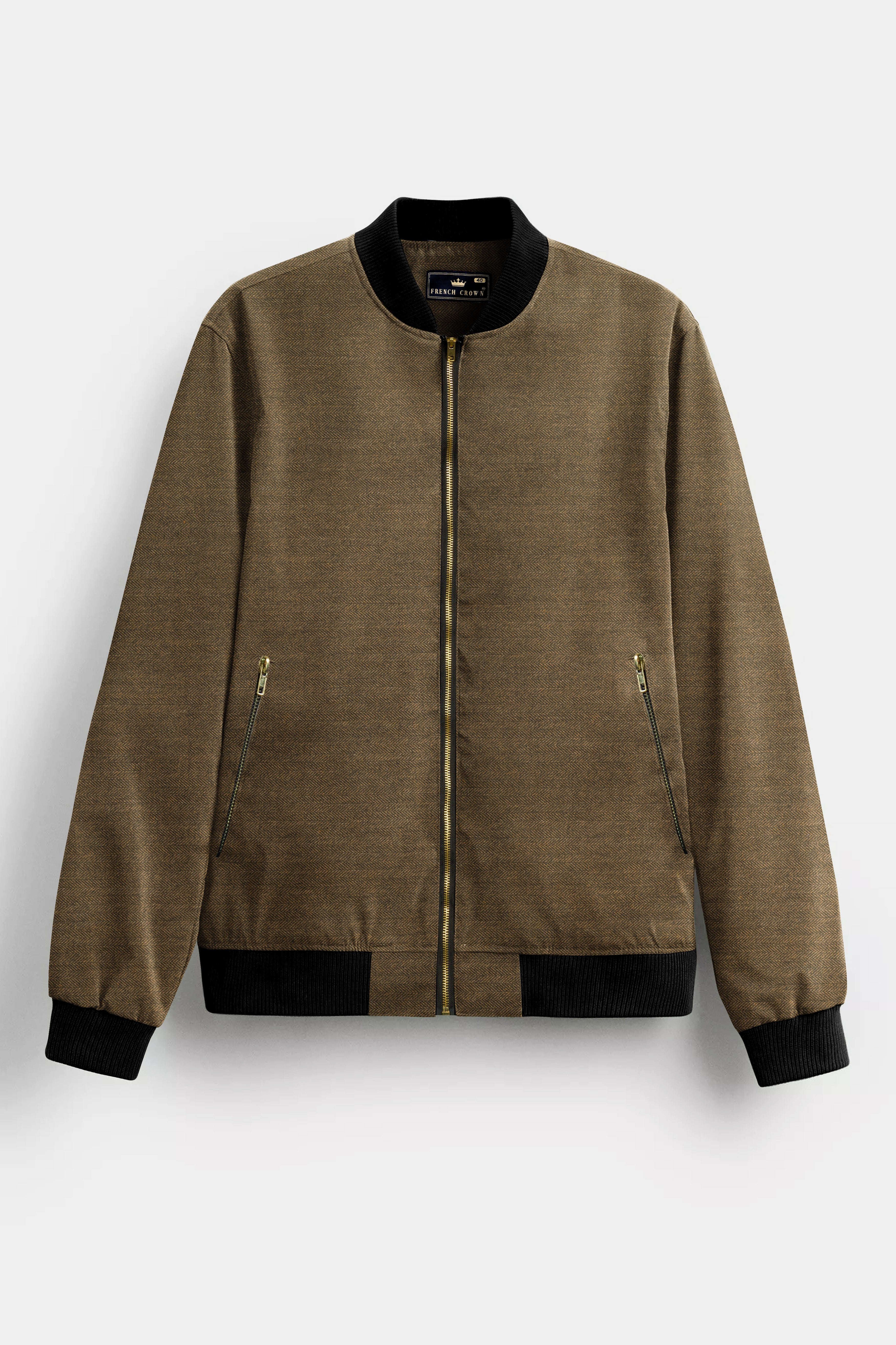 Bronze herringbone Textured Wool Rich Bomber Jacket