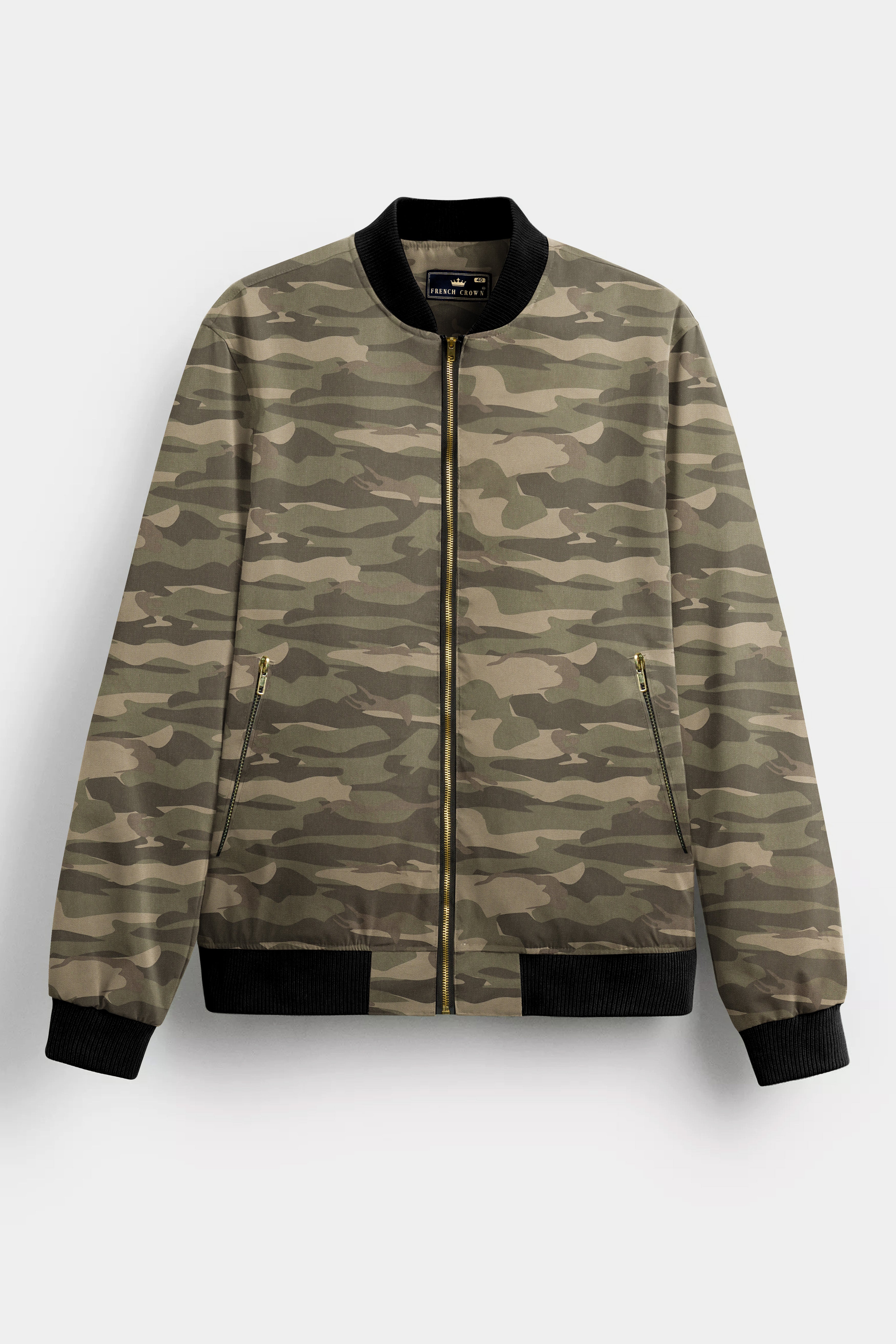 Crocodile Brown And Wenge Camouflage Printed Premium Cotton Bomber Jacket