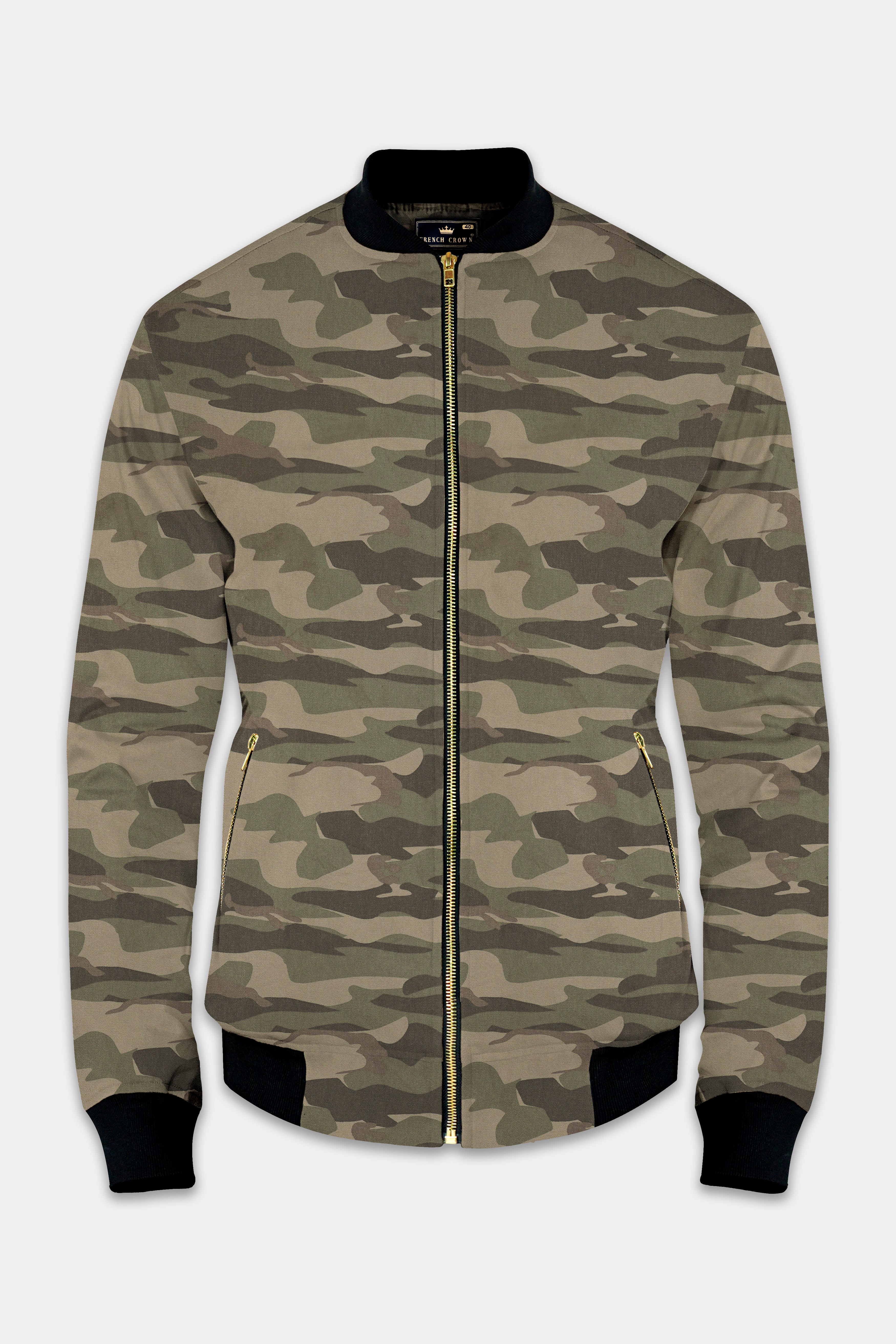 Crocodile Brown And Wenge Camouflage Printed Premium Cotton Bomber Jacket