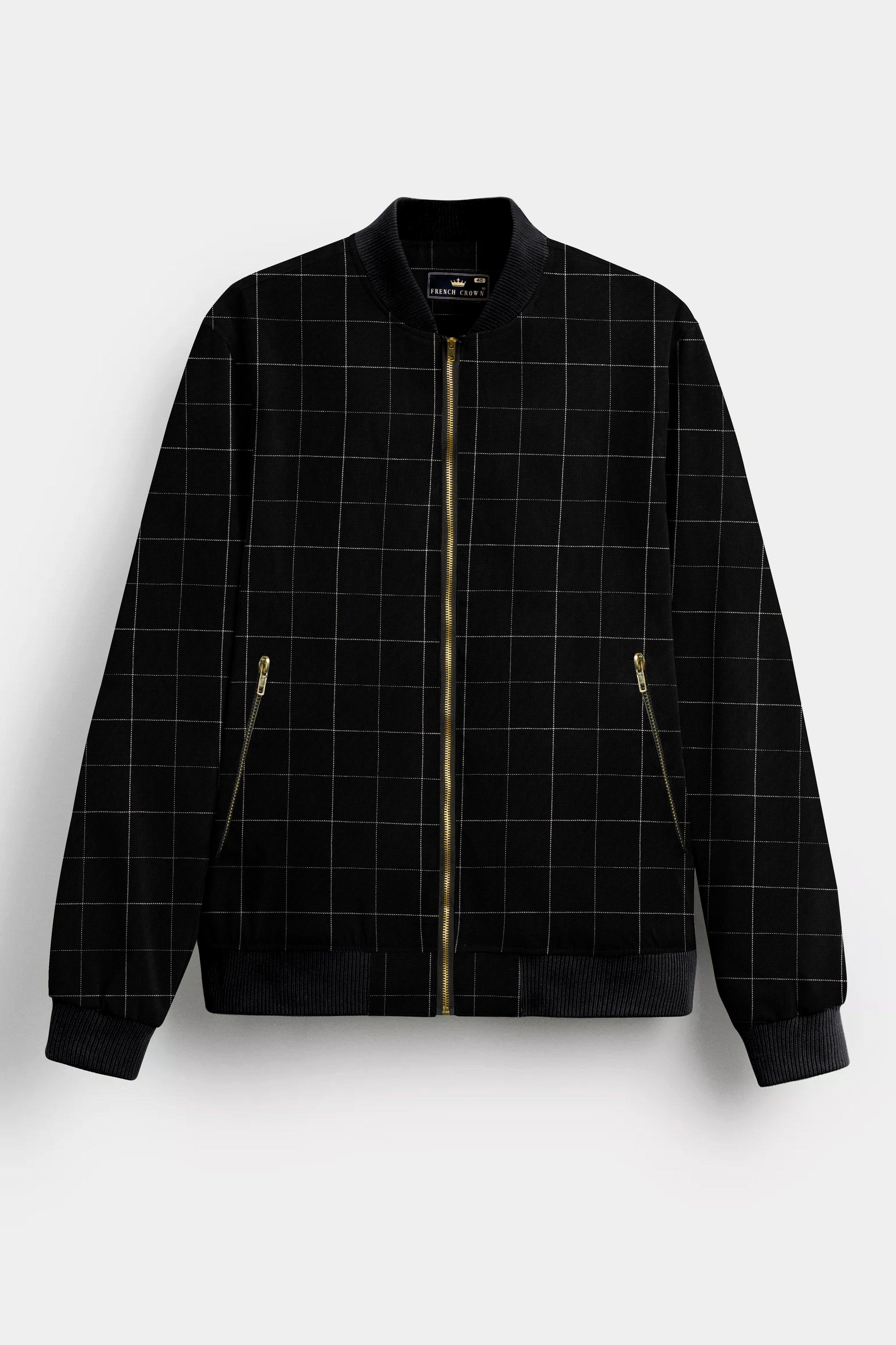 Jade Black Windowpane Twill Premium Bomber Jacket