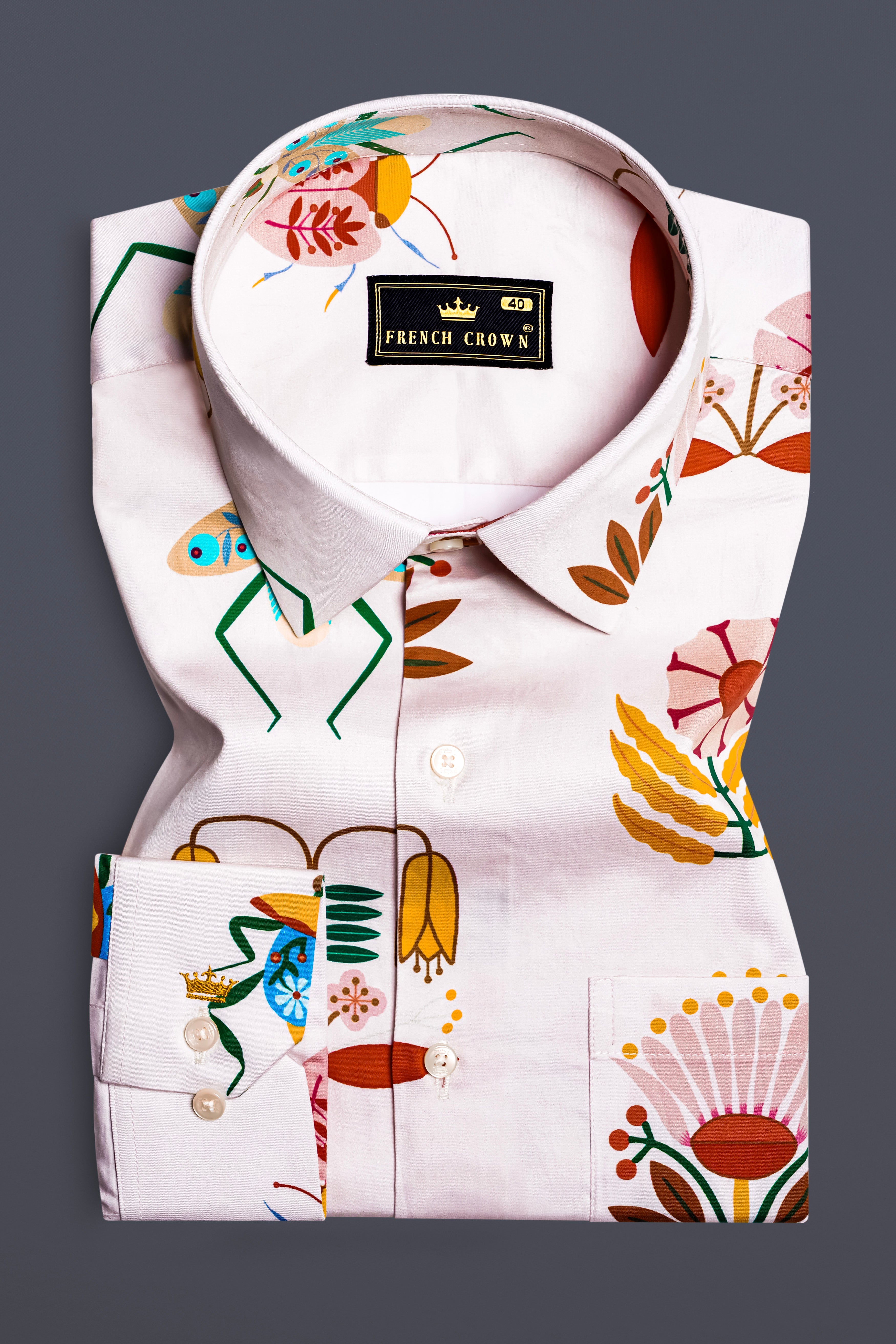 Mercury Cream And Sepia Brown Bugs and Flowers Printed Super Soft Premium Cotton Shirt