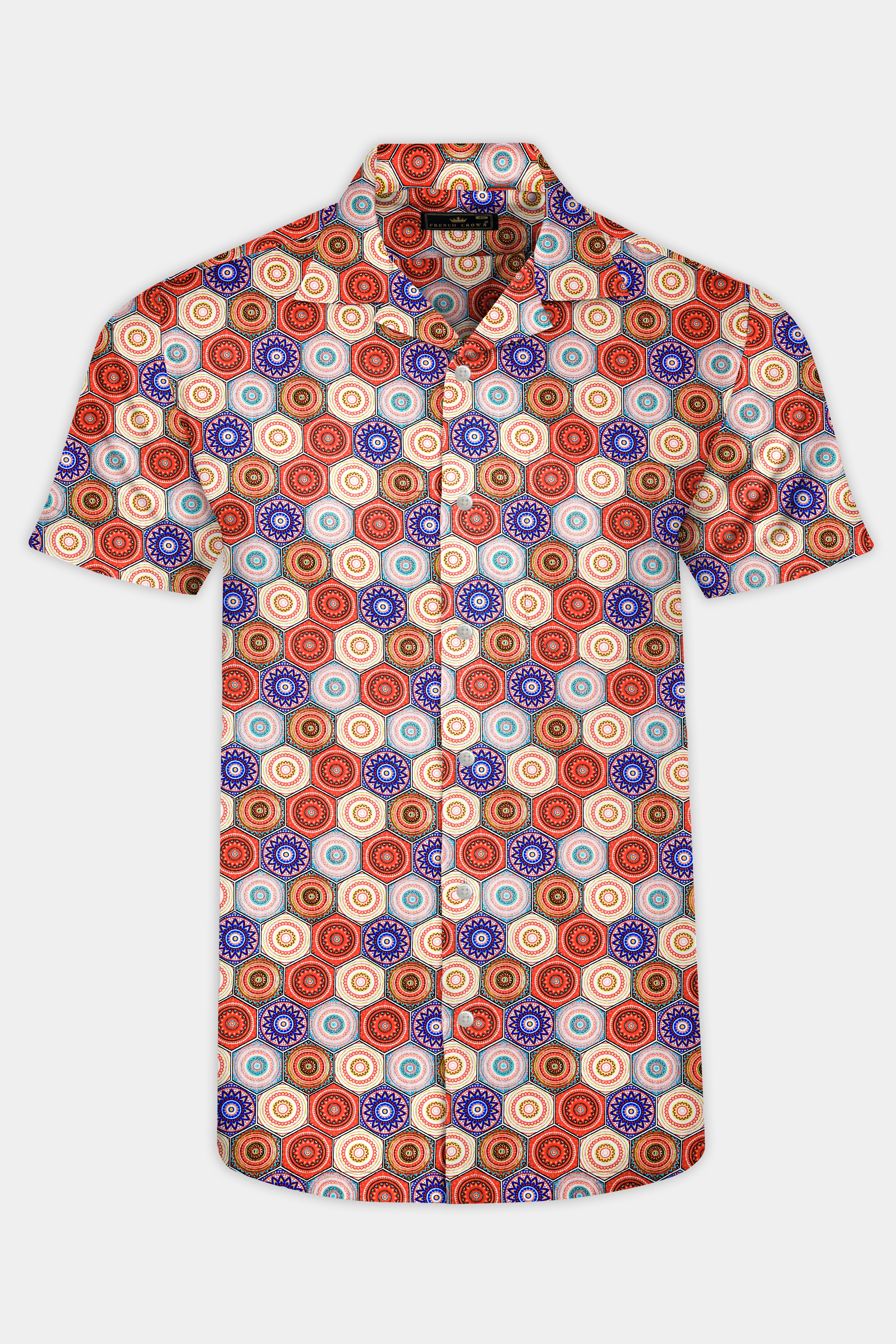 Mojo Red And Catalina Blue Multicolour Bohemian Printed Super Soft Premium Cotton Cuban Collar Shirt