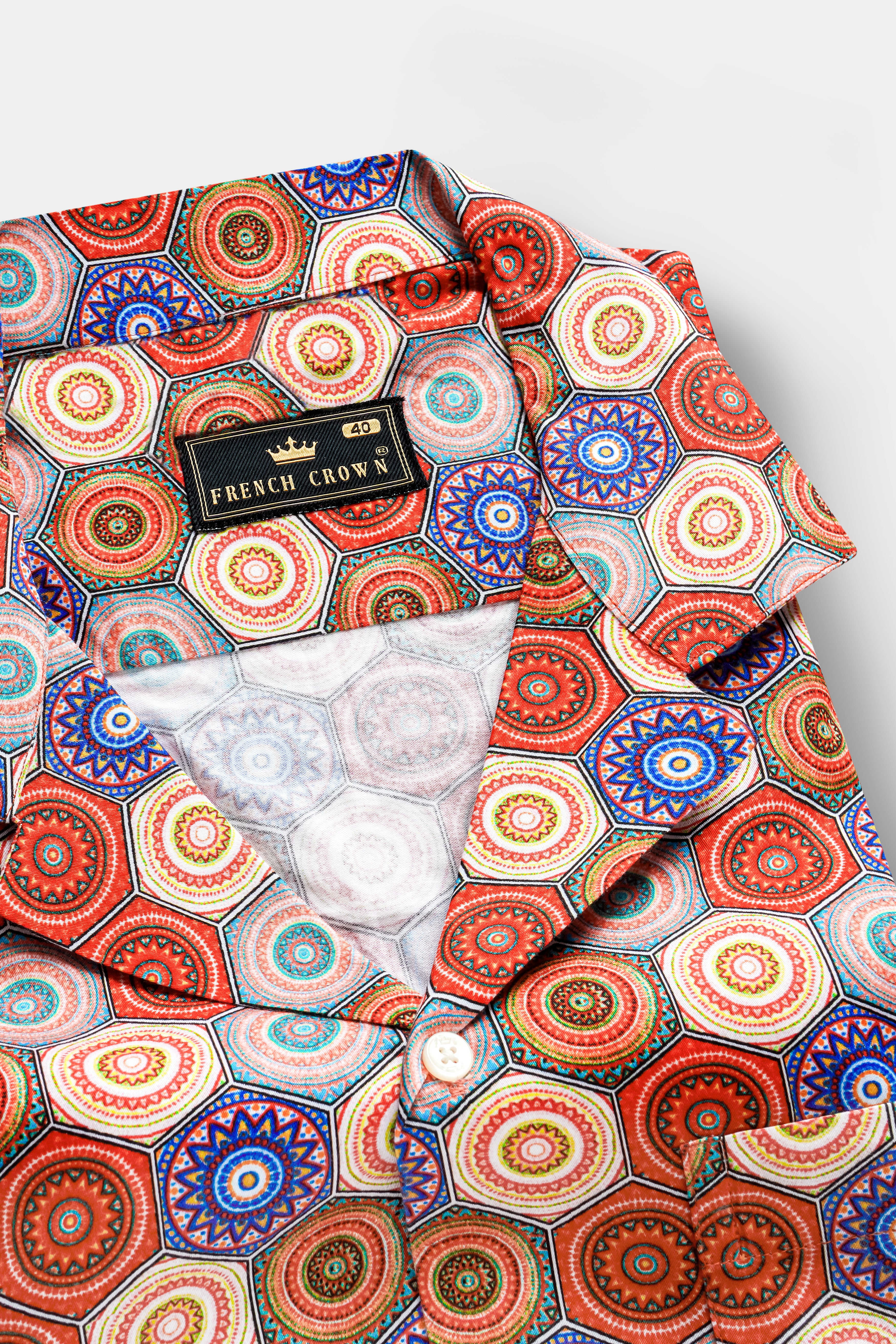 Mojo Red And Catalina Blue Multicolour Bohemian Printed Super Soft Premium Cotton Cuban Collar Shirt