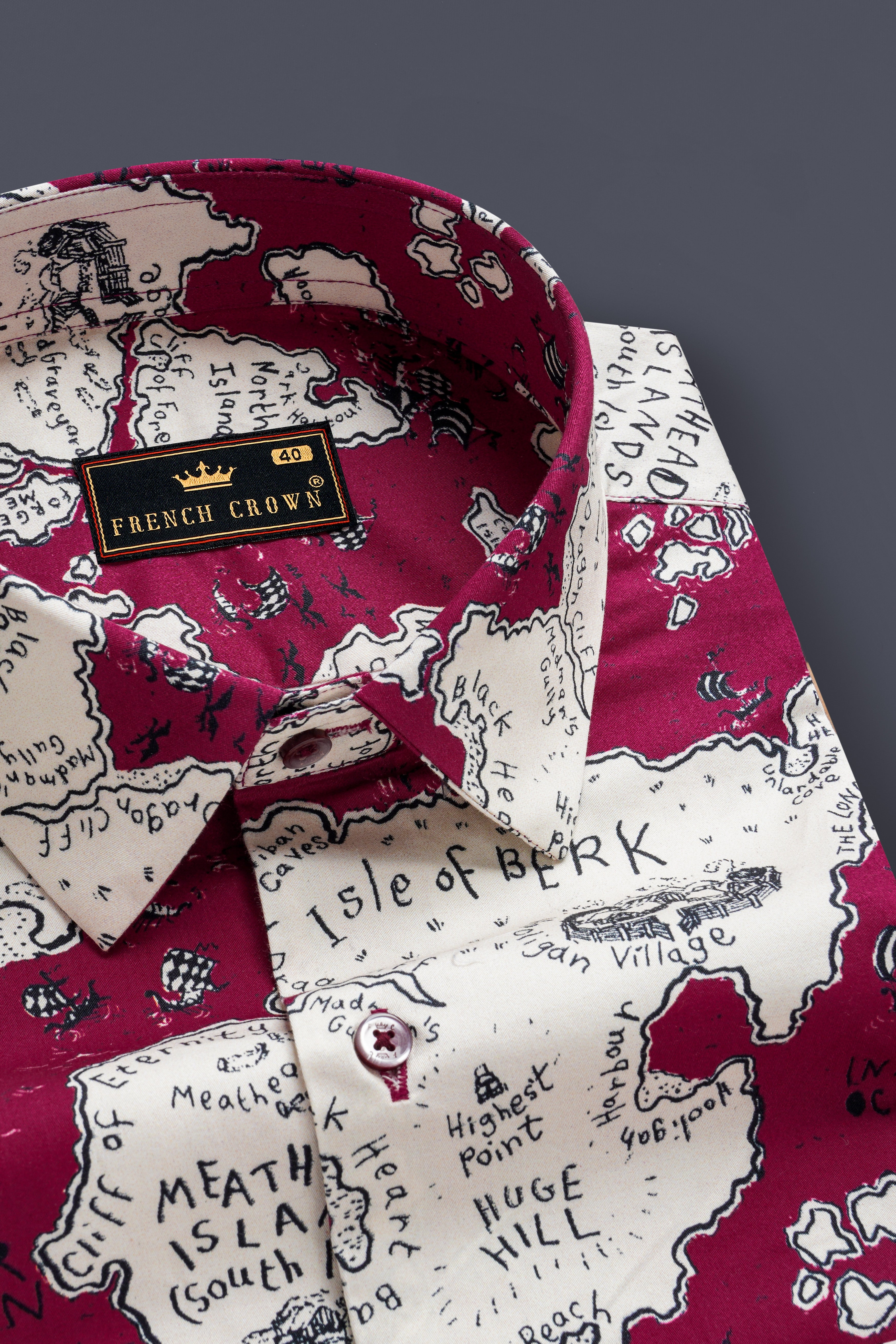 Siren Maroon And Antique Cream Map Printed Subtle Sheen Super Soft Premium Cotton Shirt