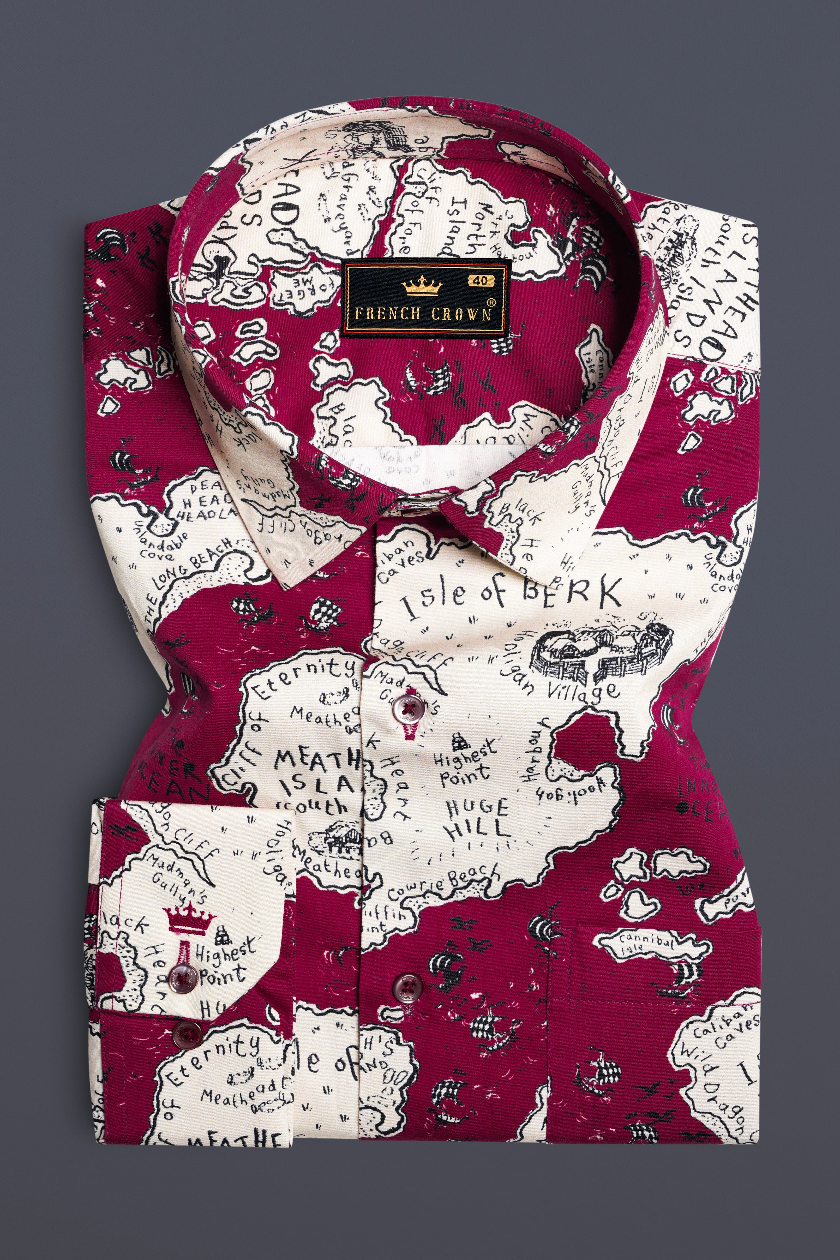 Siren Maroon And Antique Cream Map Printed Subtle Sheen Super Soft Premium Cotton Shirt