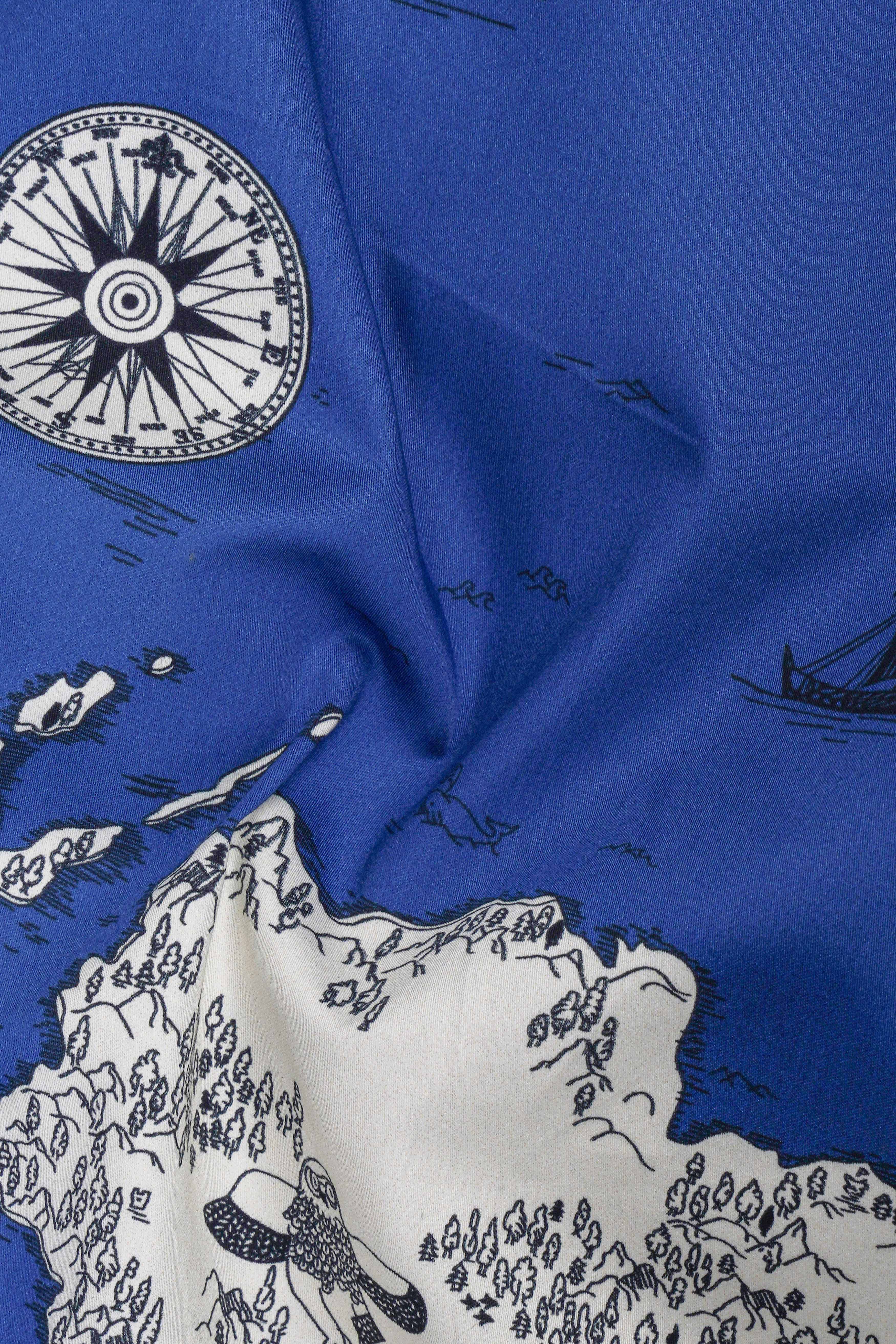 Biscay Blue And Bright White Map Printed Subtle Sheen Super Soft Premium Cotton Shirt