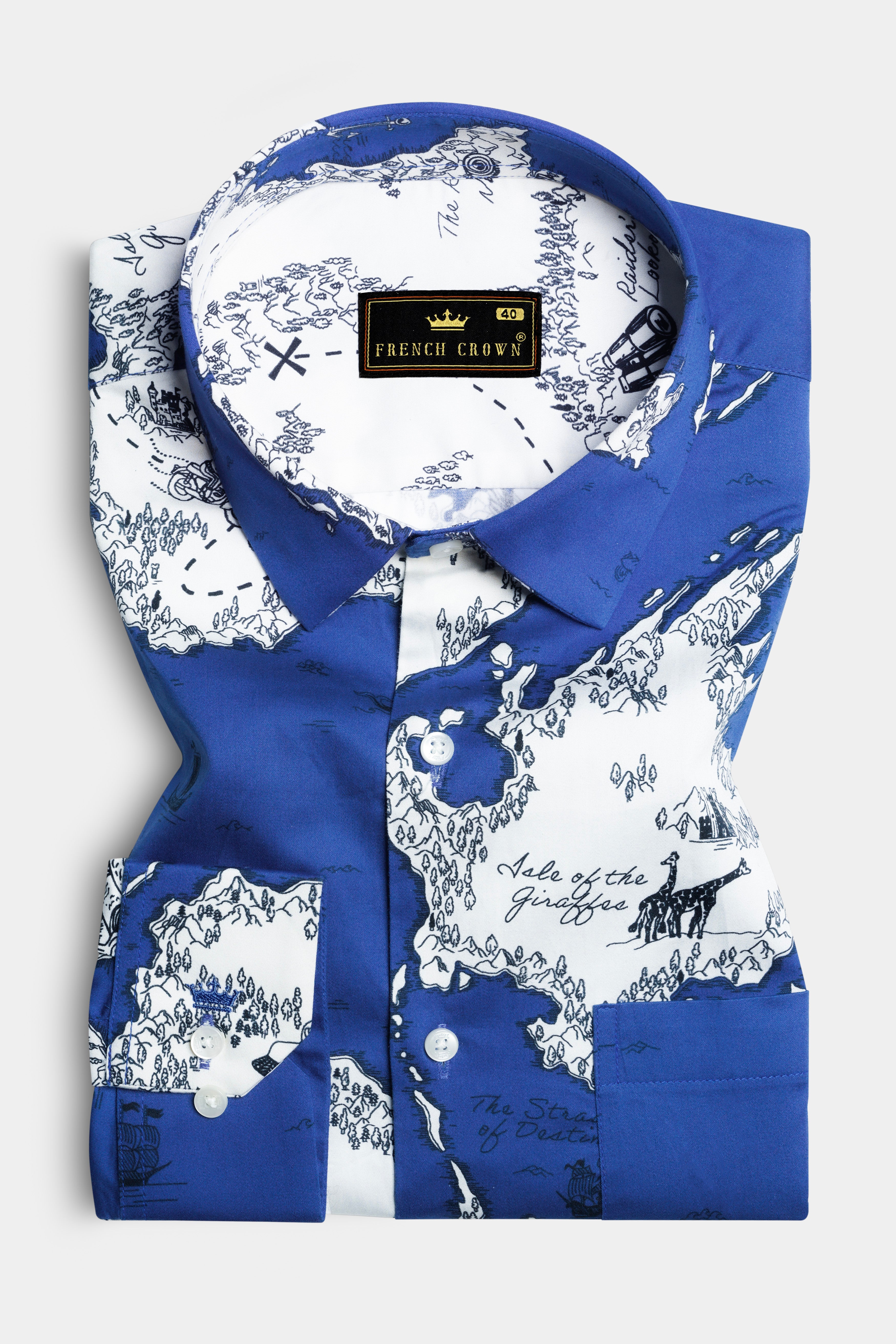 Biscay Blue And Bright White Map Printed Subtle Sheen Super Soft Premium Cotton Shirt