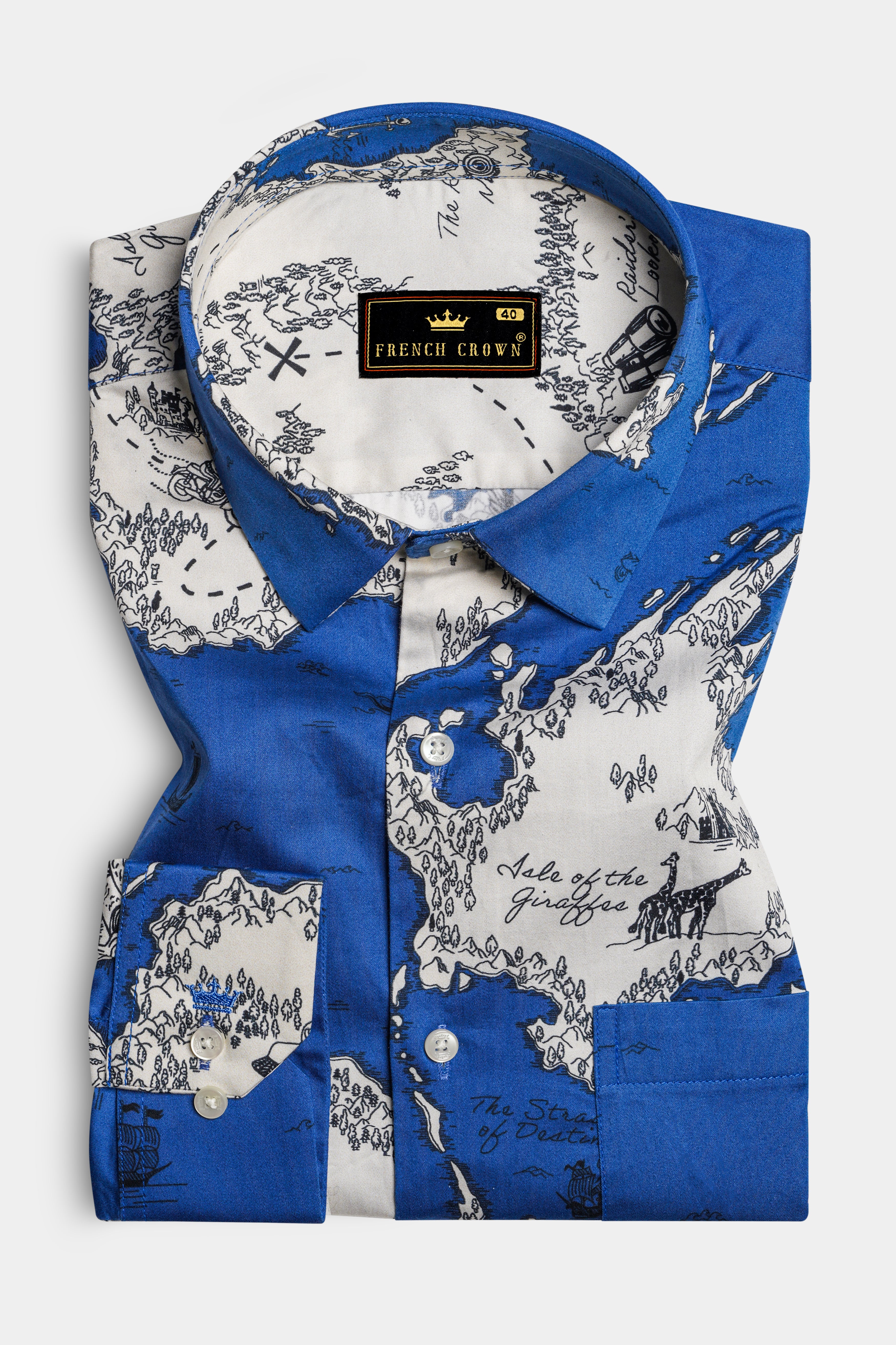 Biscay Blue And Bright White Map Printed Subtle Sheen Super Soft Premium Cotton Shirt