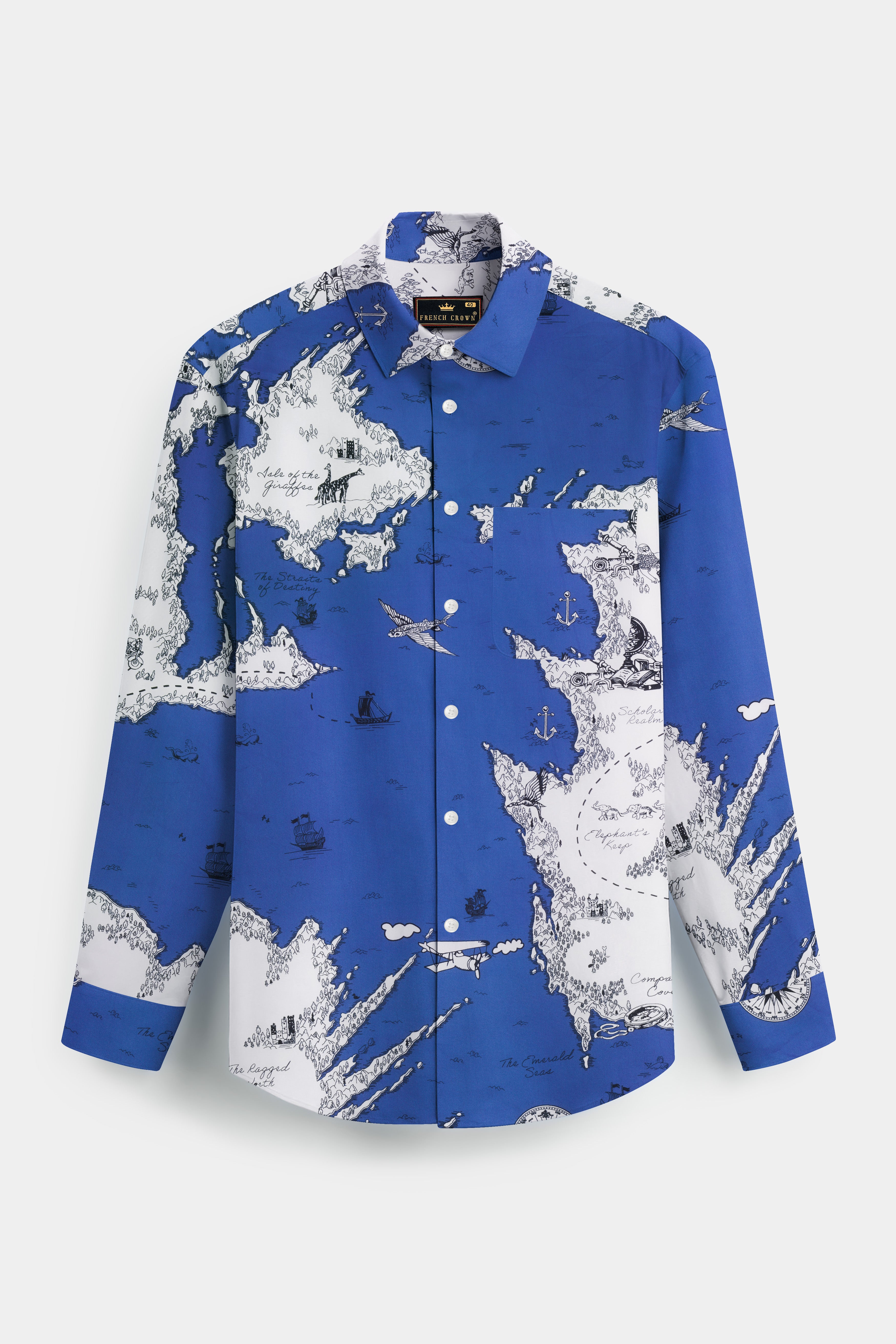 Biscay Blue And Bright White Map Printed Subtle Sheen Super Soft Premium Cotton Shirt