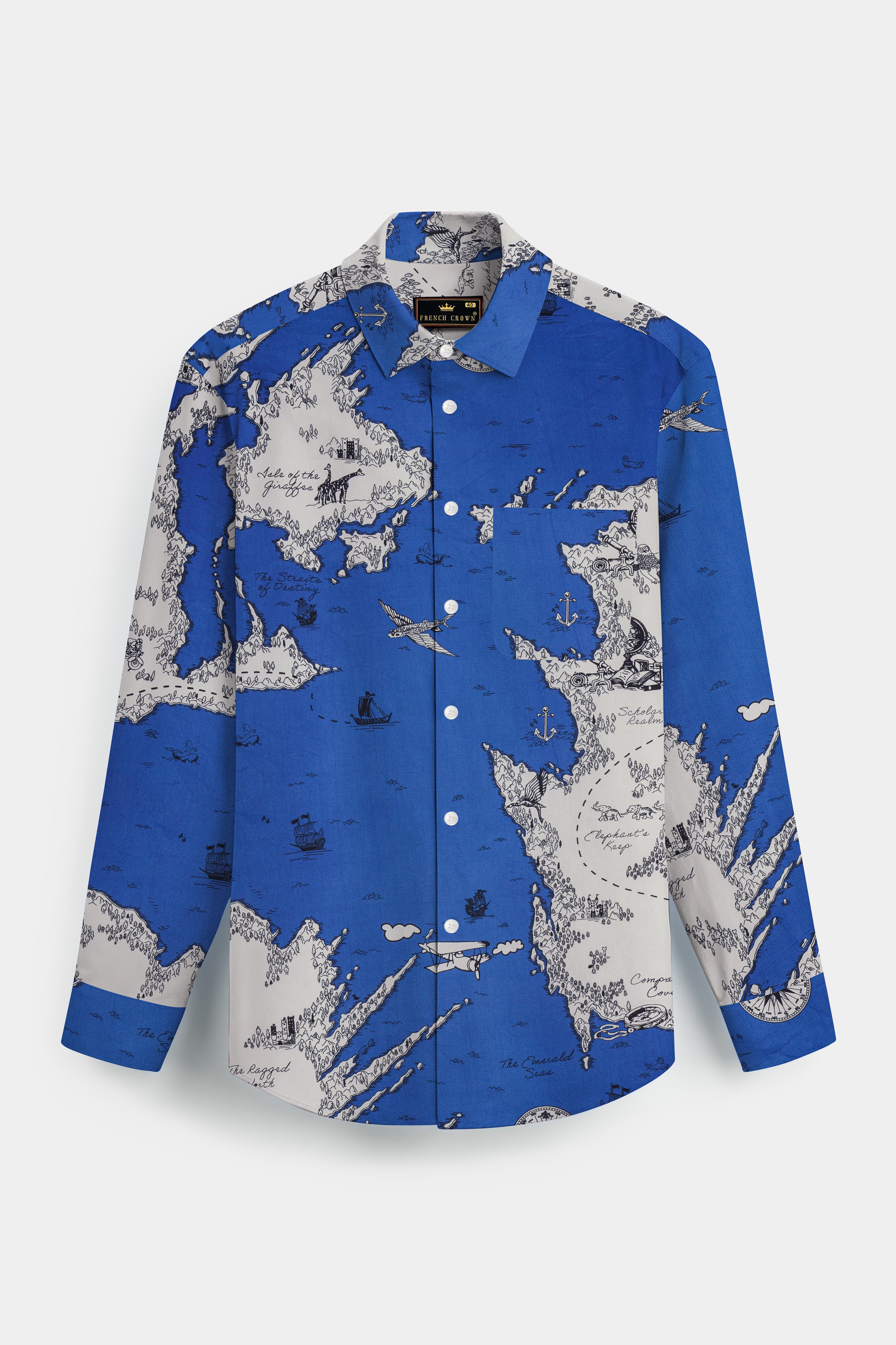 Biscay Blue And Bright White Map Printed Subtle Sheen Super Soft Premium Cotton Shirt