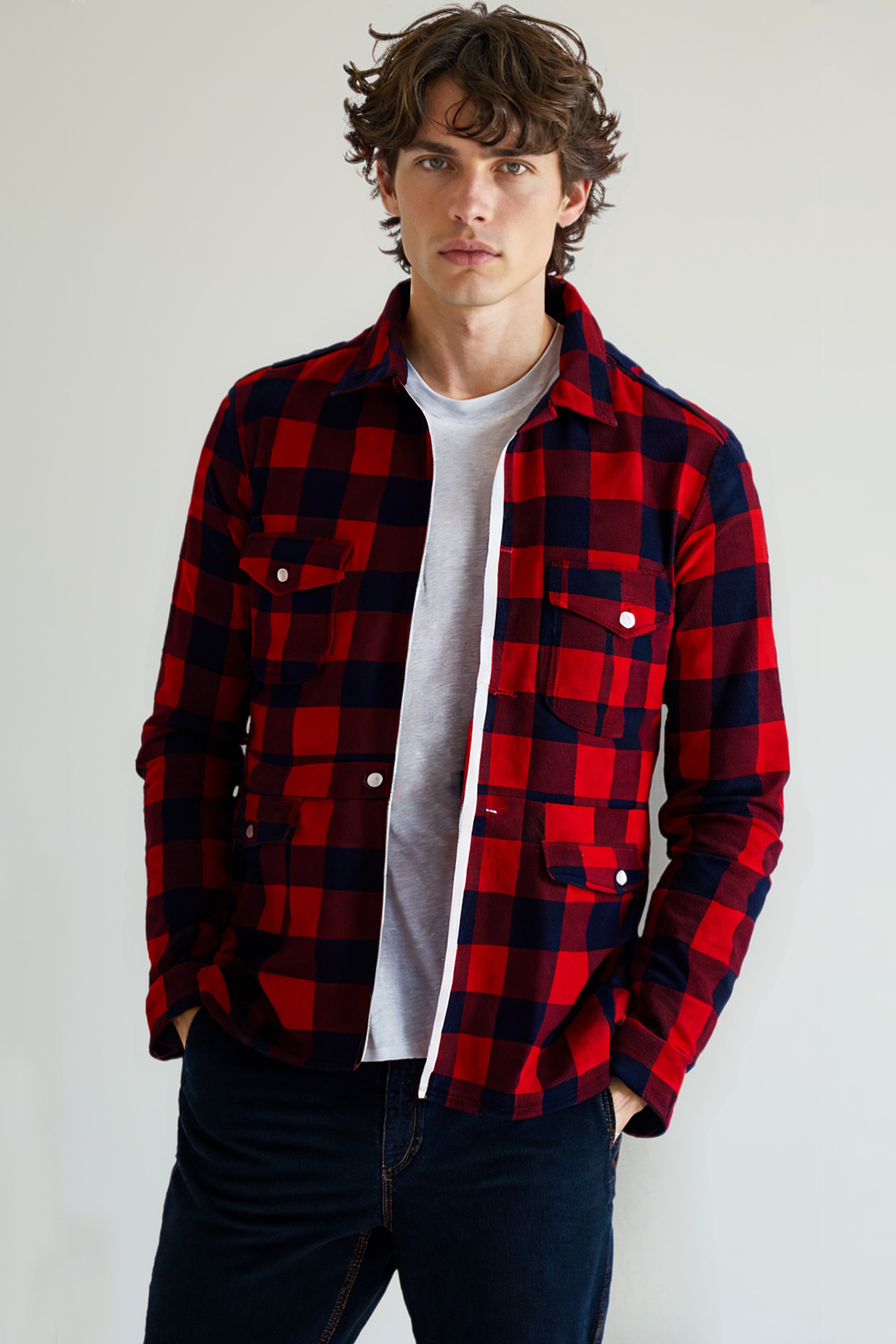 Mexican Red And Abbey Blue Plaid Flannel Premium Cotton Designer Overshirt/shacket