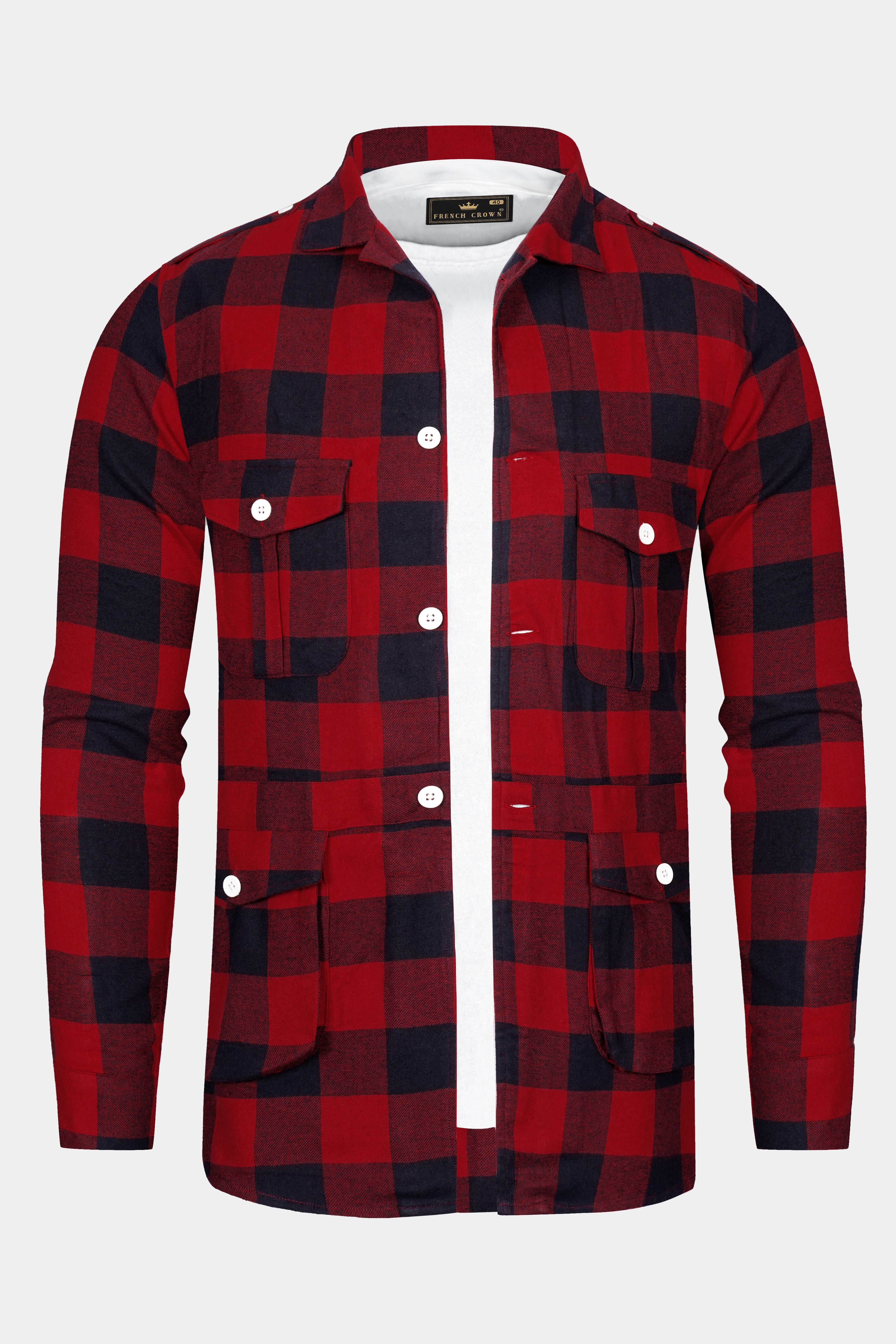 Mexican Red And Abbey Blue Plaid Flannel Premium Cotton Designer Overshirt/shacket