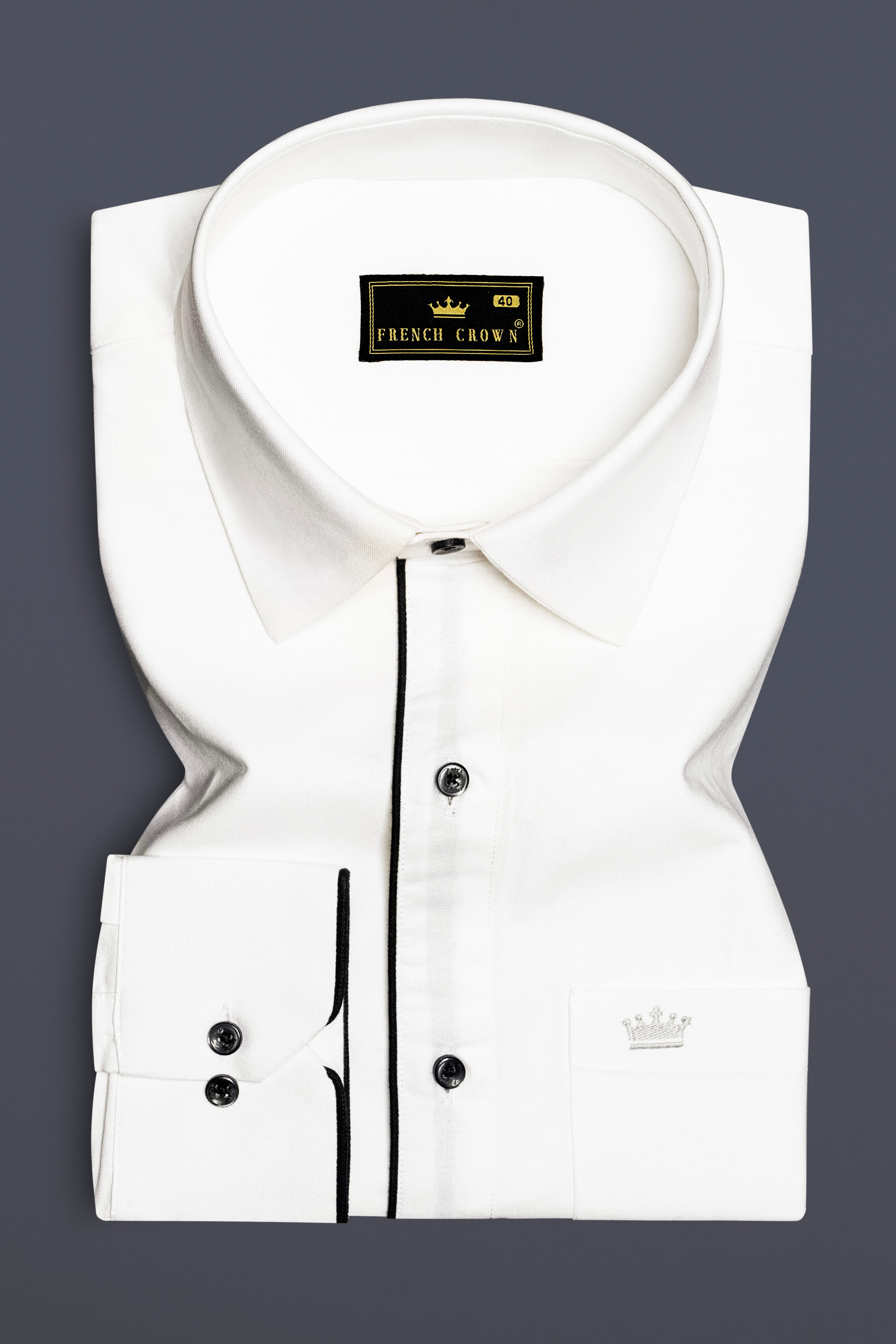 NoirLuxe-Bright White With Black Piping Solid Royal Oxford Designer Shirt