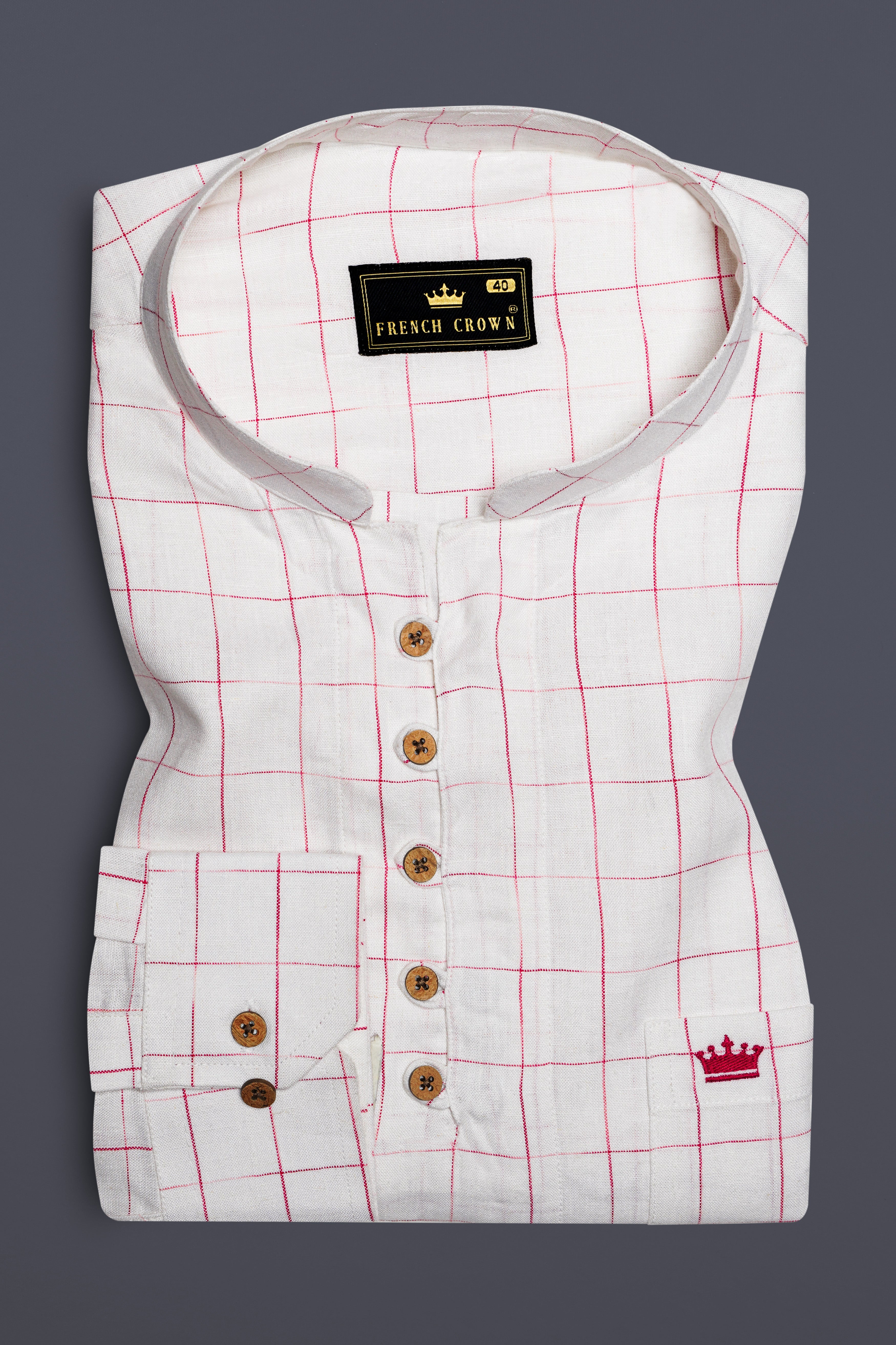 Crimson Haze-Off White And Shiraz Red Windowpane Premium Luxuries Linen Kurta Shirt