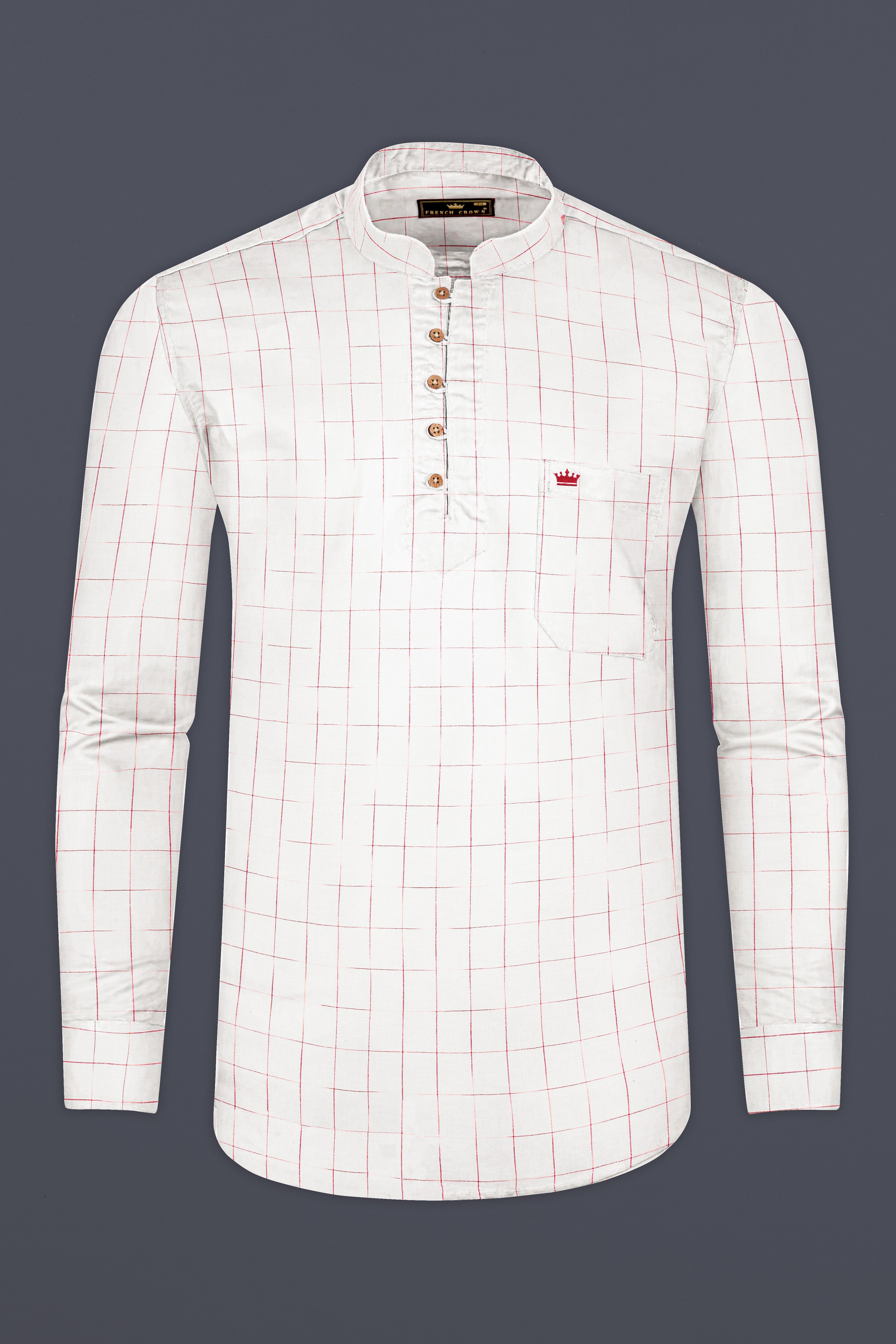 Crimson Haze-Off White And Shiraz Red Windowpane Premium Luxuries Linen Kurta Shirt