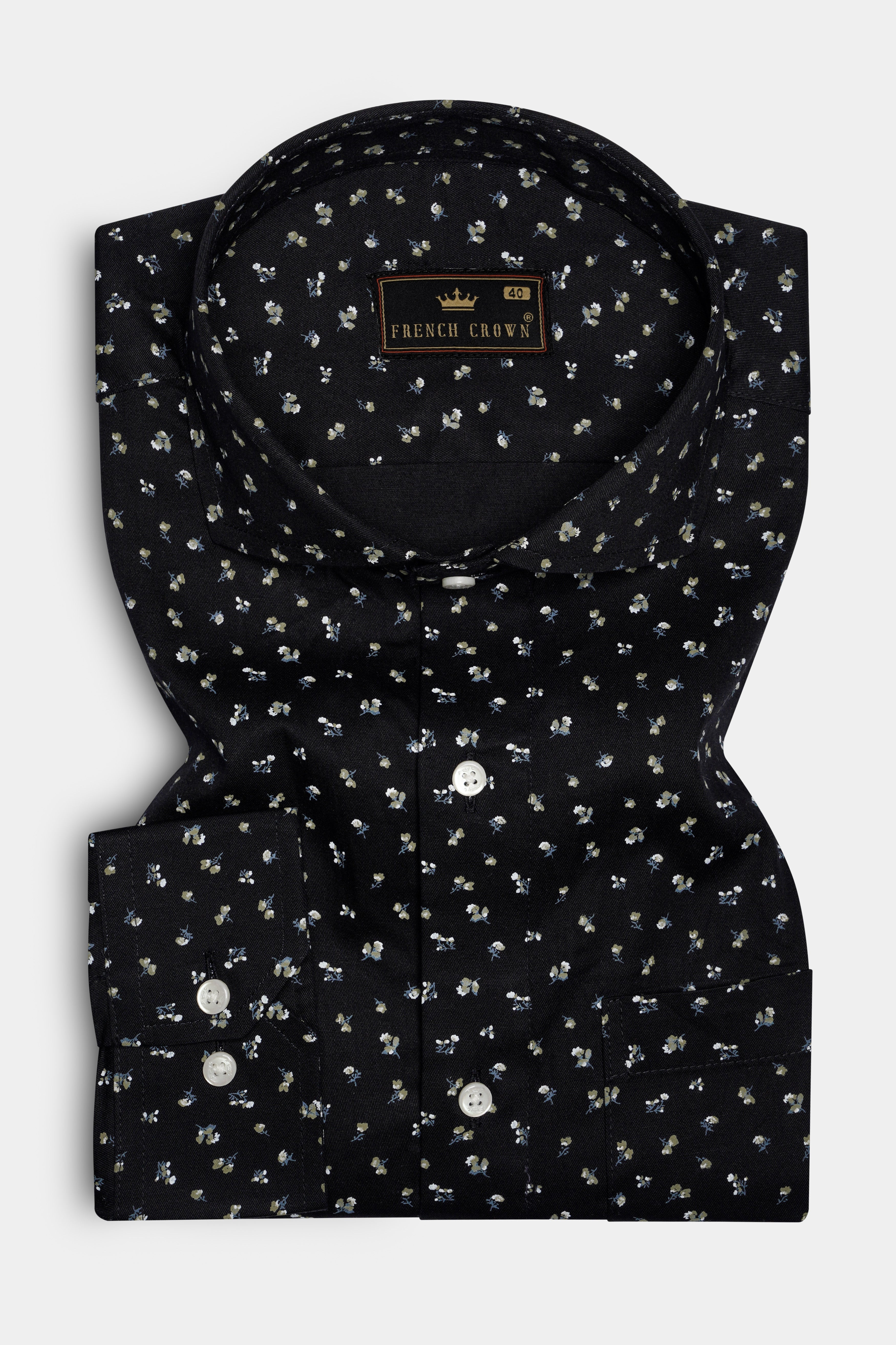 NoirBloom-Jade Black Micro Flower Printed Super Soft Premium Cotton Shirt