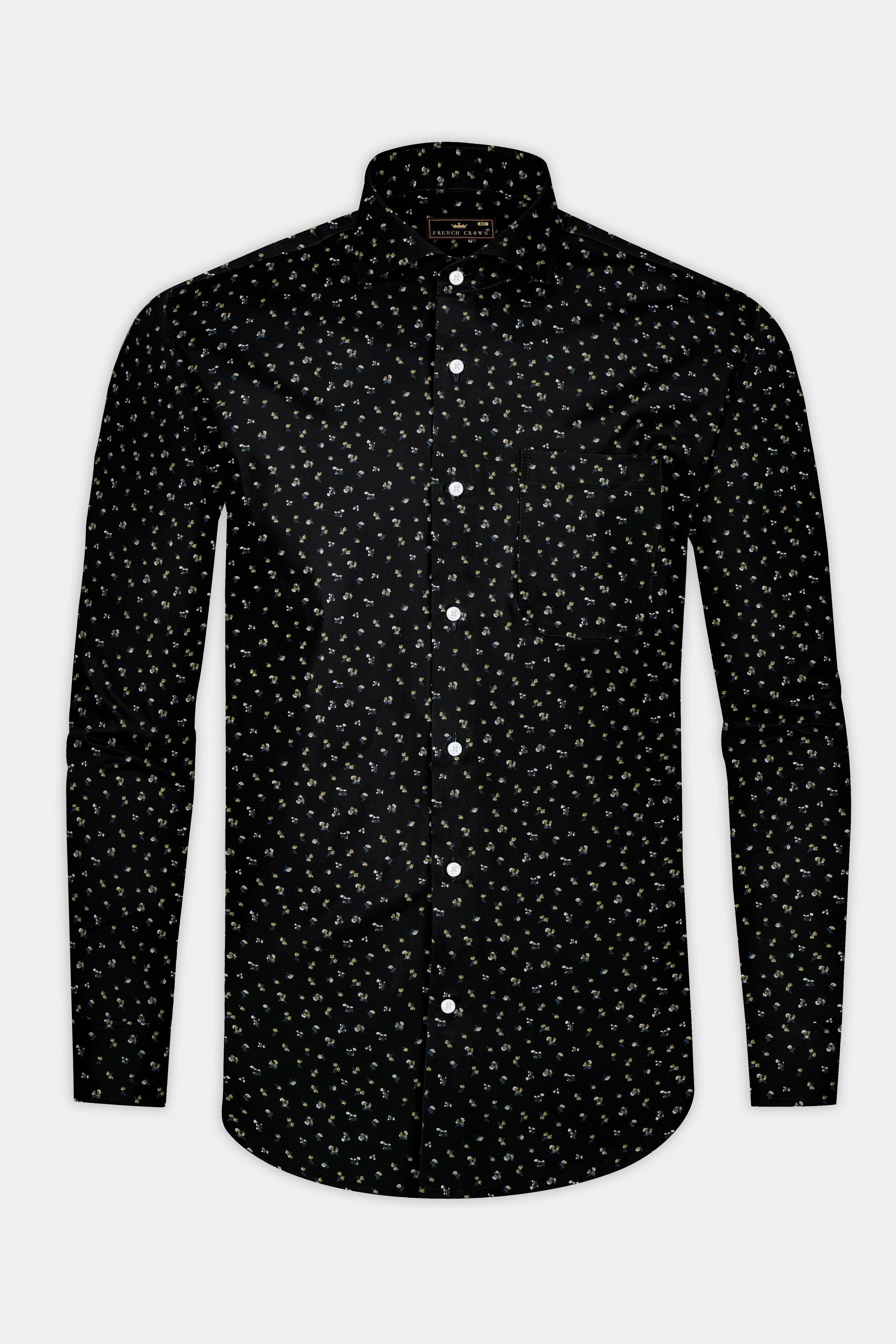 NoirBloom-Jade Black Micro Flower Printed Super Soft Premium Cotton Shirt