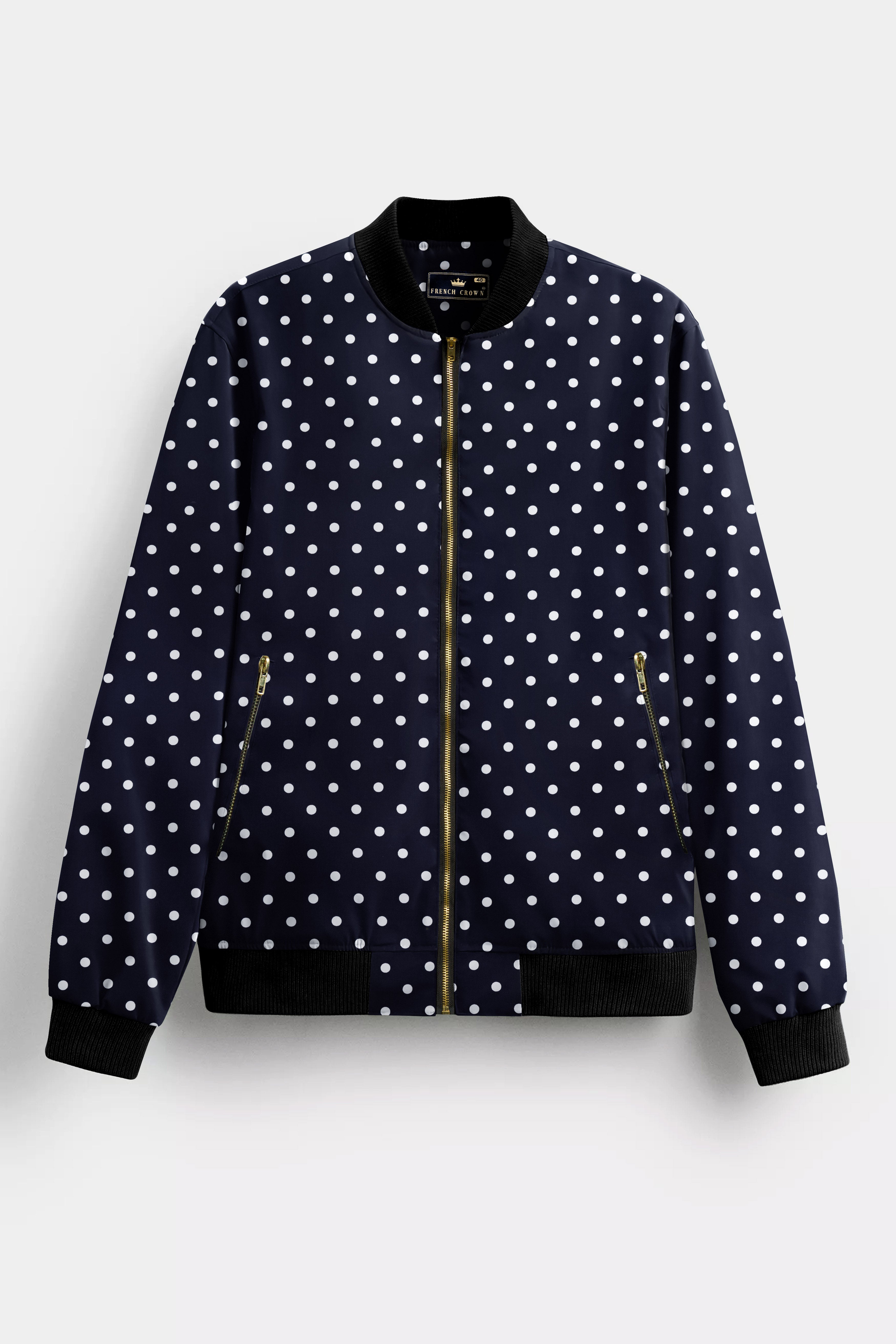 AzureDot-Navy Polka Dotted Prints Premium Giza Cotton Bomber Jacket