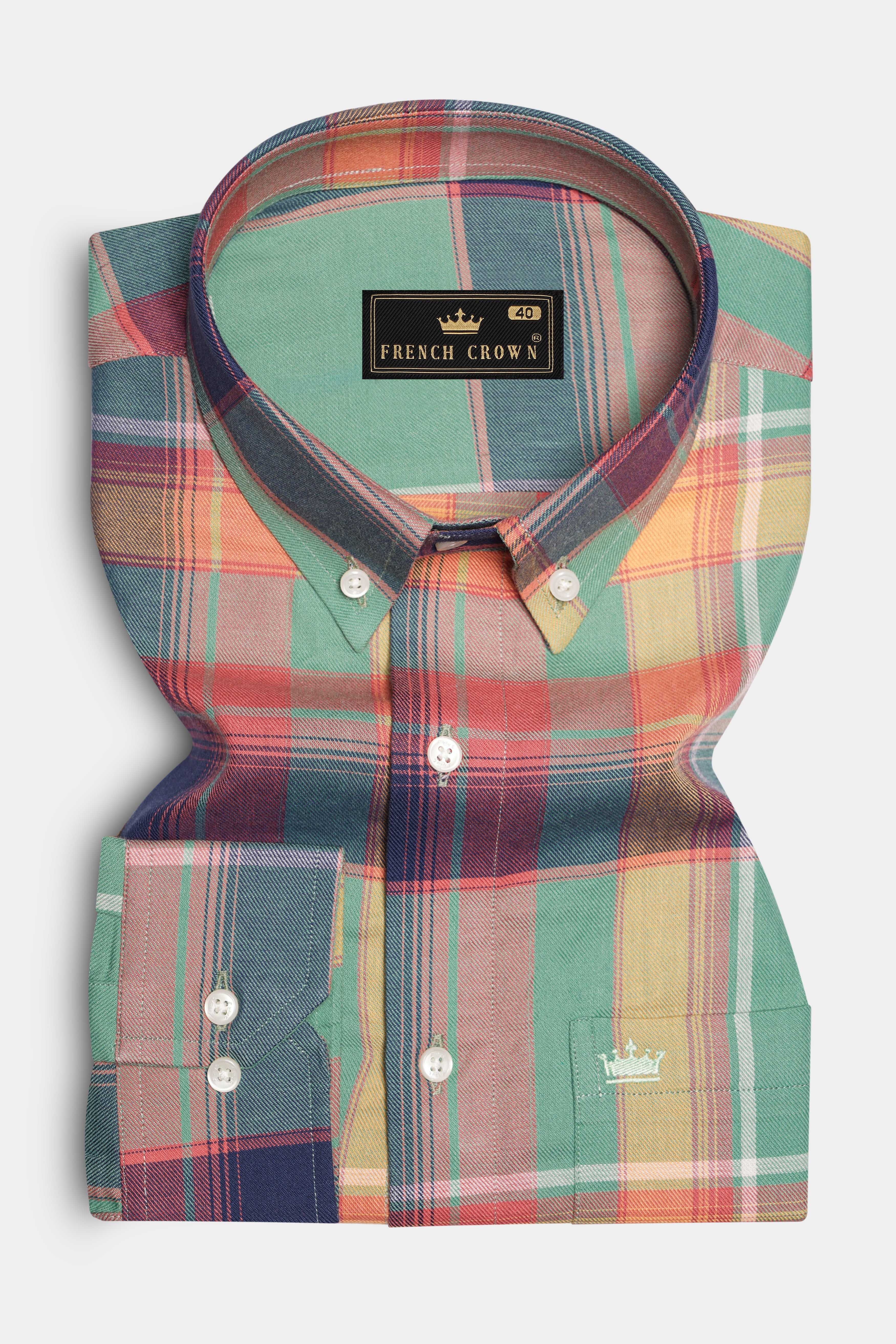 SunsetVine-Brink Orange And Nandor Green Multi Color Twill Premium Cotton Shirt