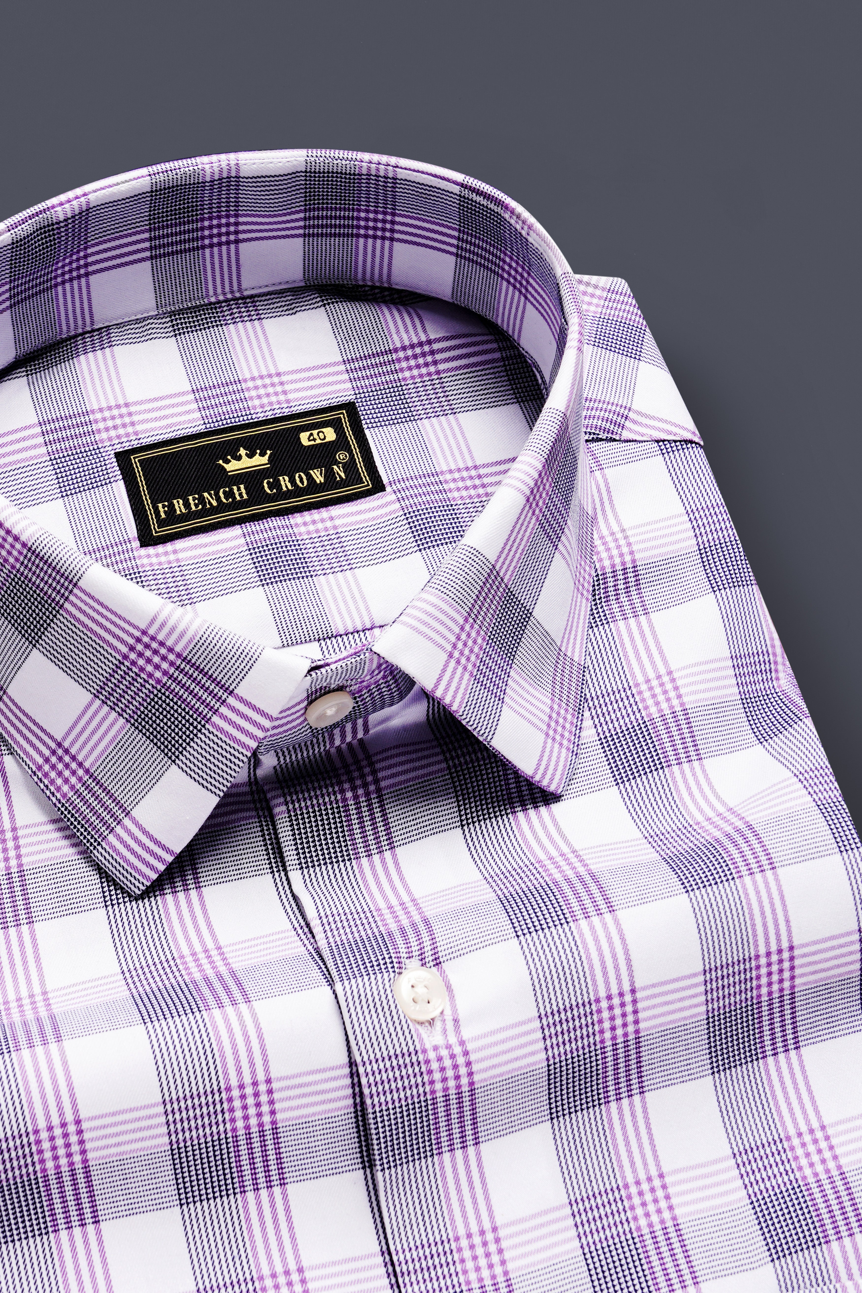 VioletLoom-Wisteria Purple And Bright White Plaid Dobby Textured Premium Giza Cotton Dress Shirt