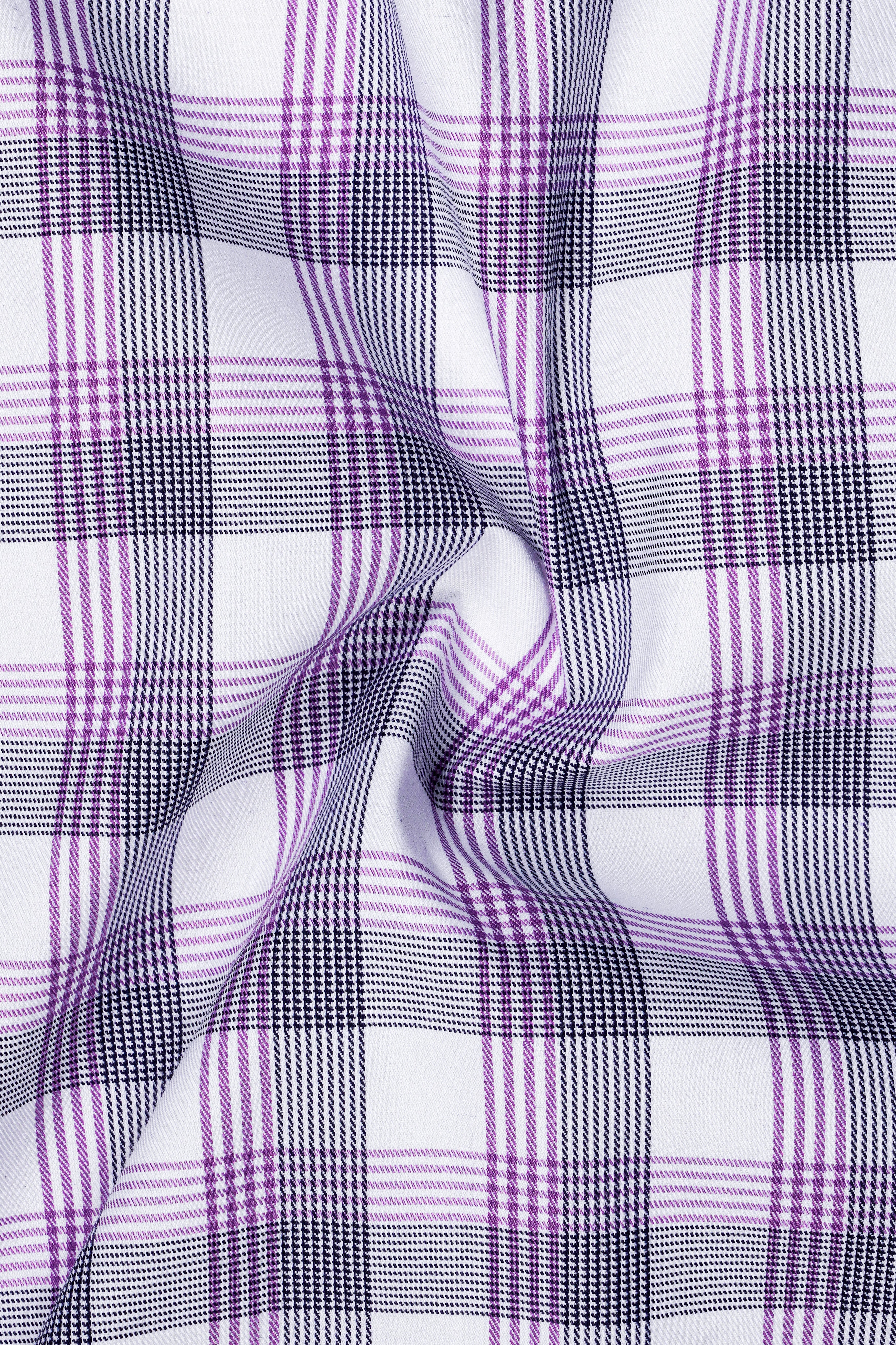 VioletLoom-Wisteria Purple And Bright White Plaid Dobby Textured Premium Giza Cotton Dress Shirt