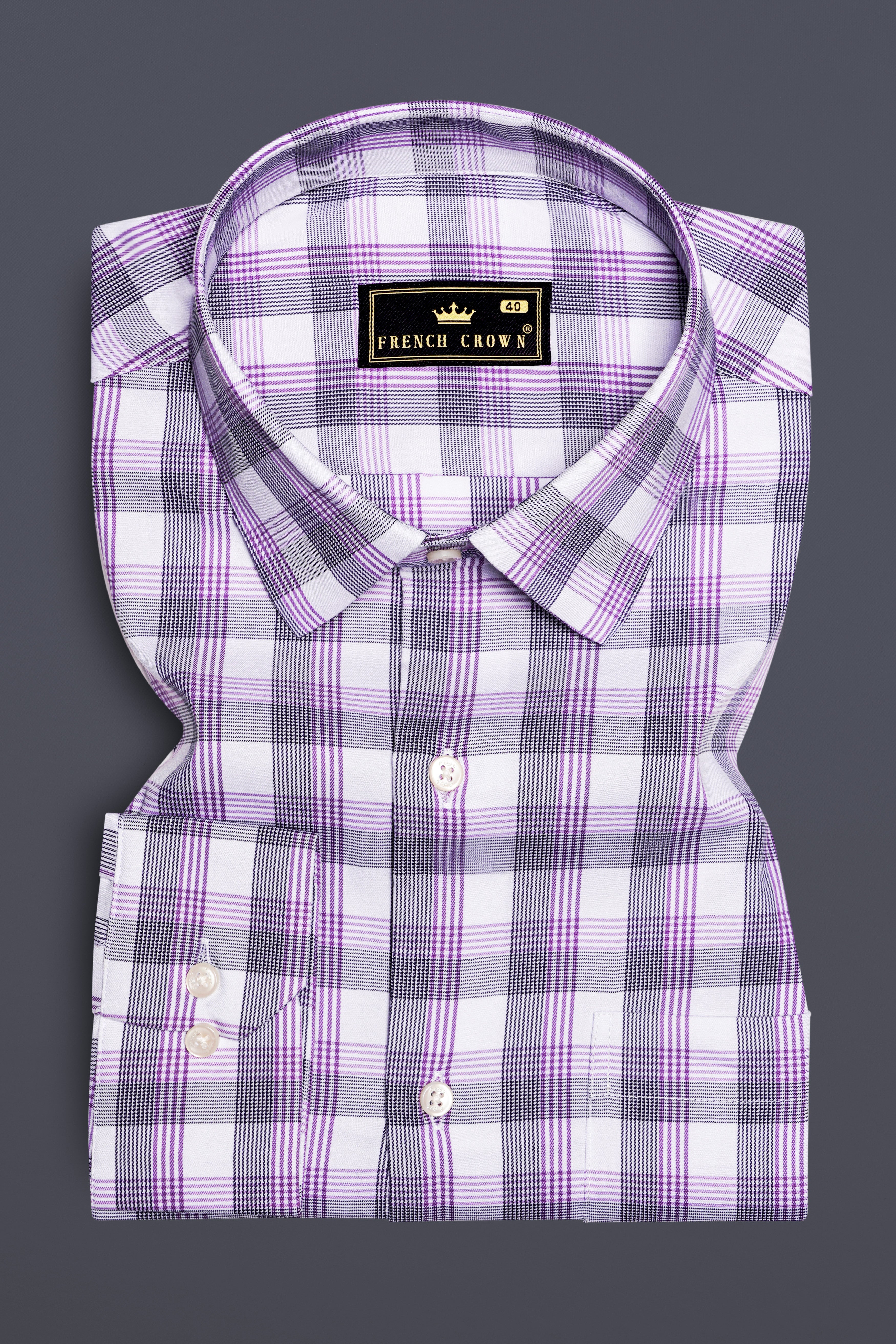 VioletLoom-Wisteria Purple And Bright White Plaid Dobby Textured Premium Giza Cotton Shirt