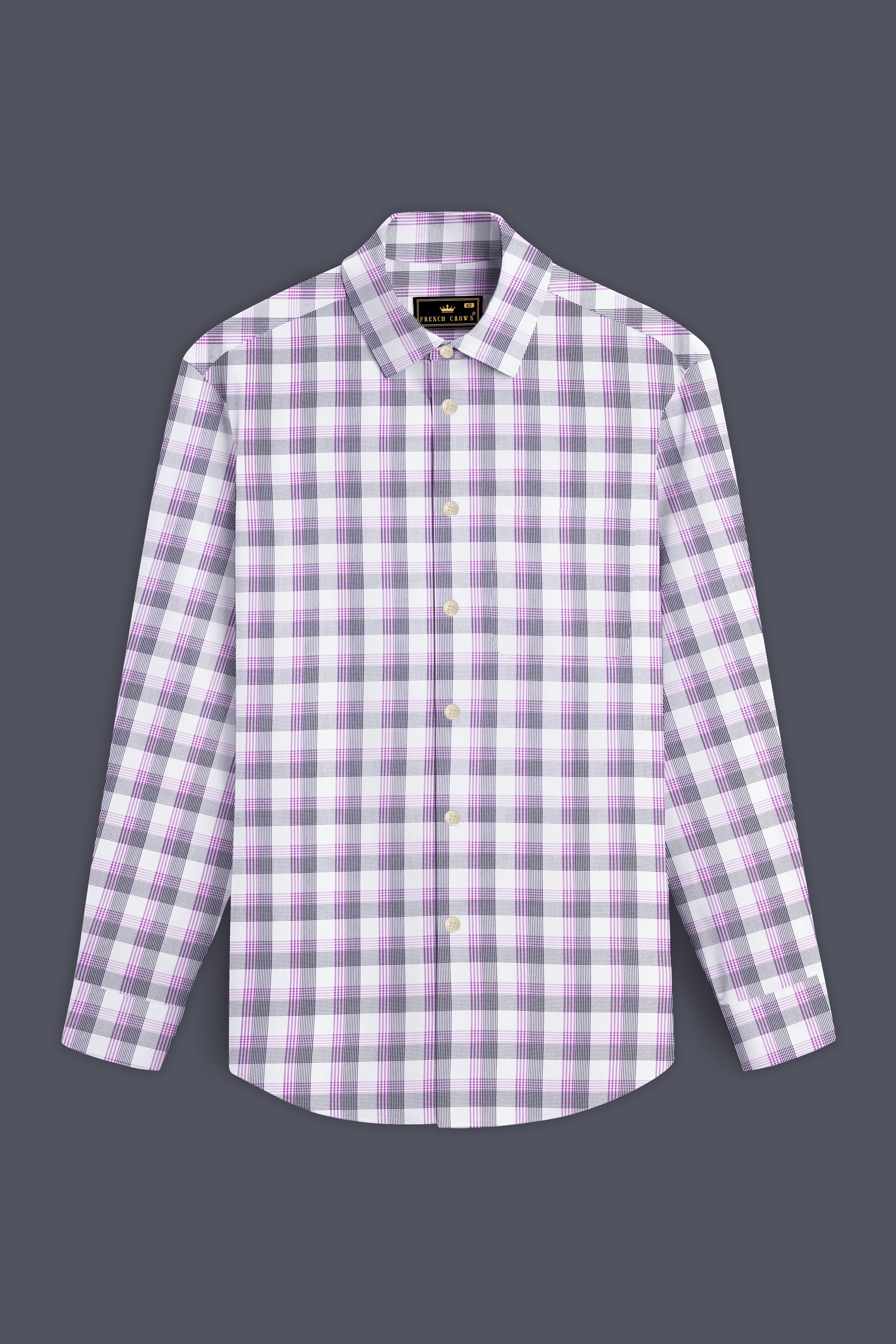 VioletLoom-Wisteria Purple And Bright White Plaid Dobby Textured Premium Giza Cotton Shirt