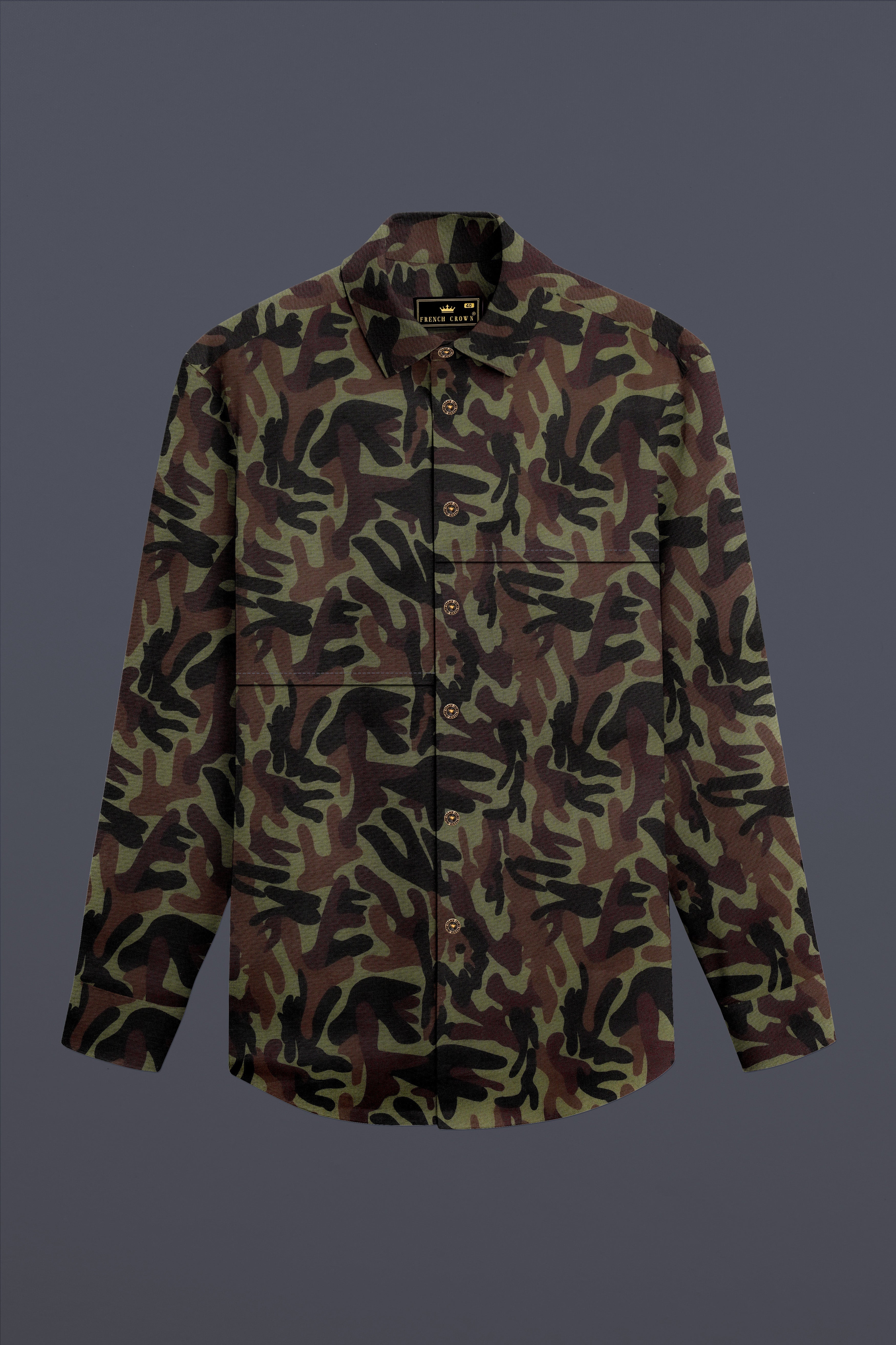 Camouflage-Finch Green And Taupe Brown Military Printed Oxford Premium Cotton Casual Designer Shirt