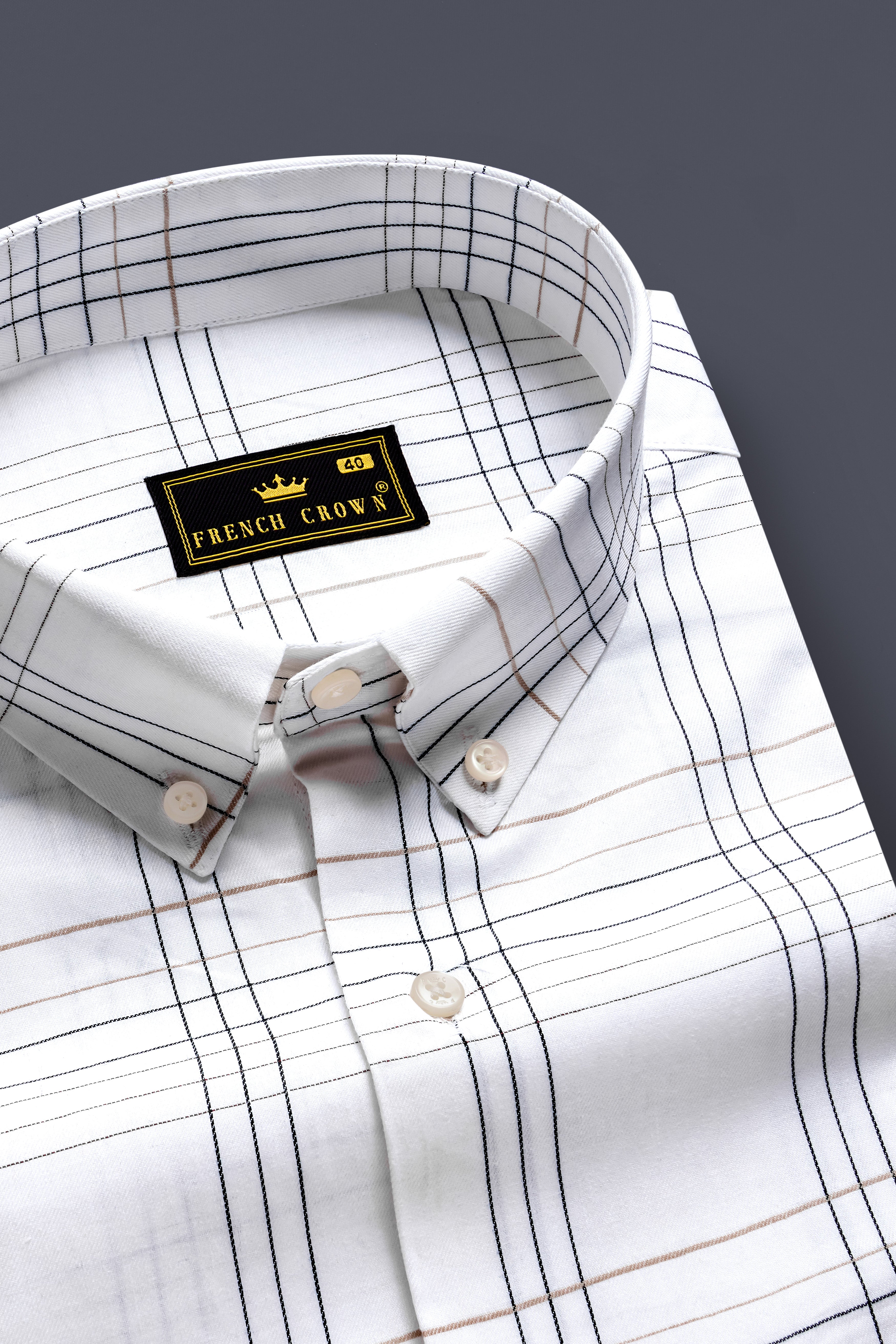 IvoryGrid-Bright White Checks Plaid Dobby Textured Premium Giza Cotton Dress Shirt