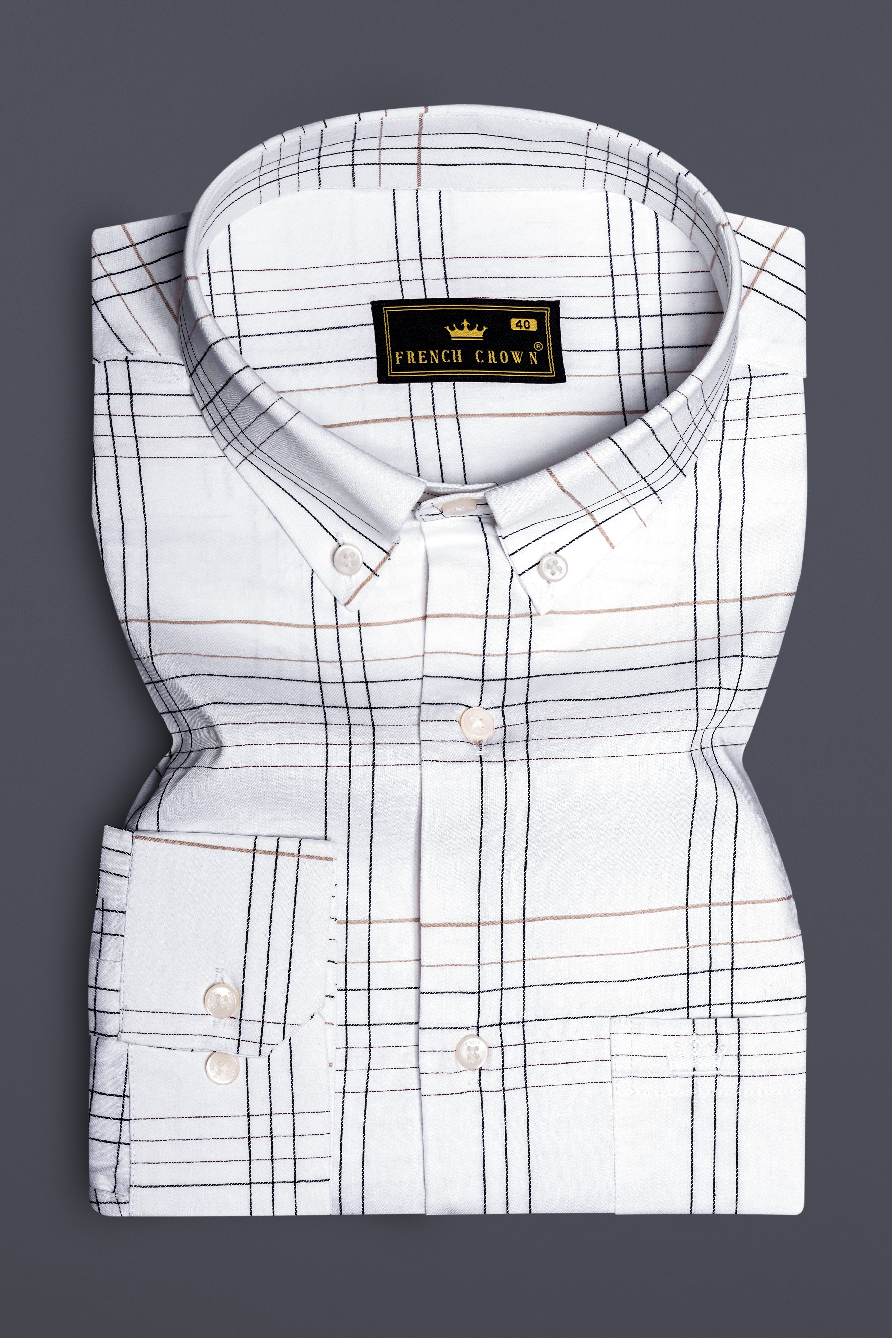 IvoryGrid-Bright White Checks Plaid Dobby Textured Premium Giza Cotton Dress Shirt