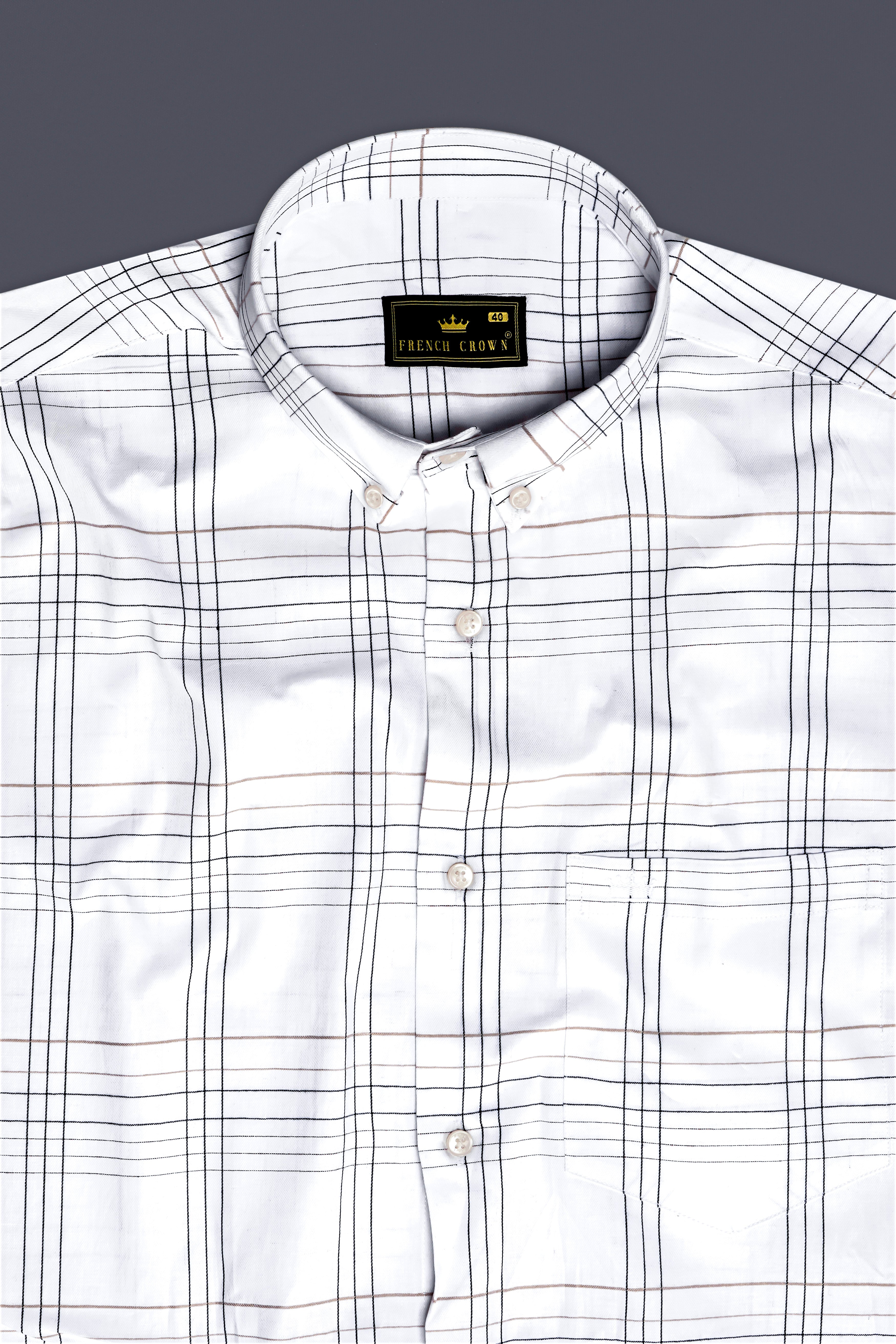 IvoryGrid-Bright White Checks Plaid Dobby Textured Premium Giza Cotton Dress Shirt