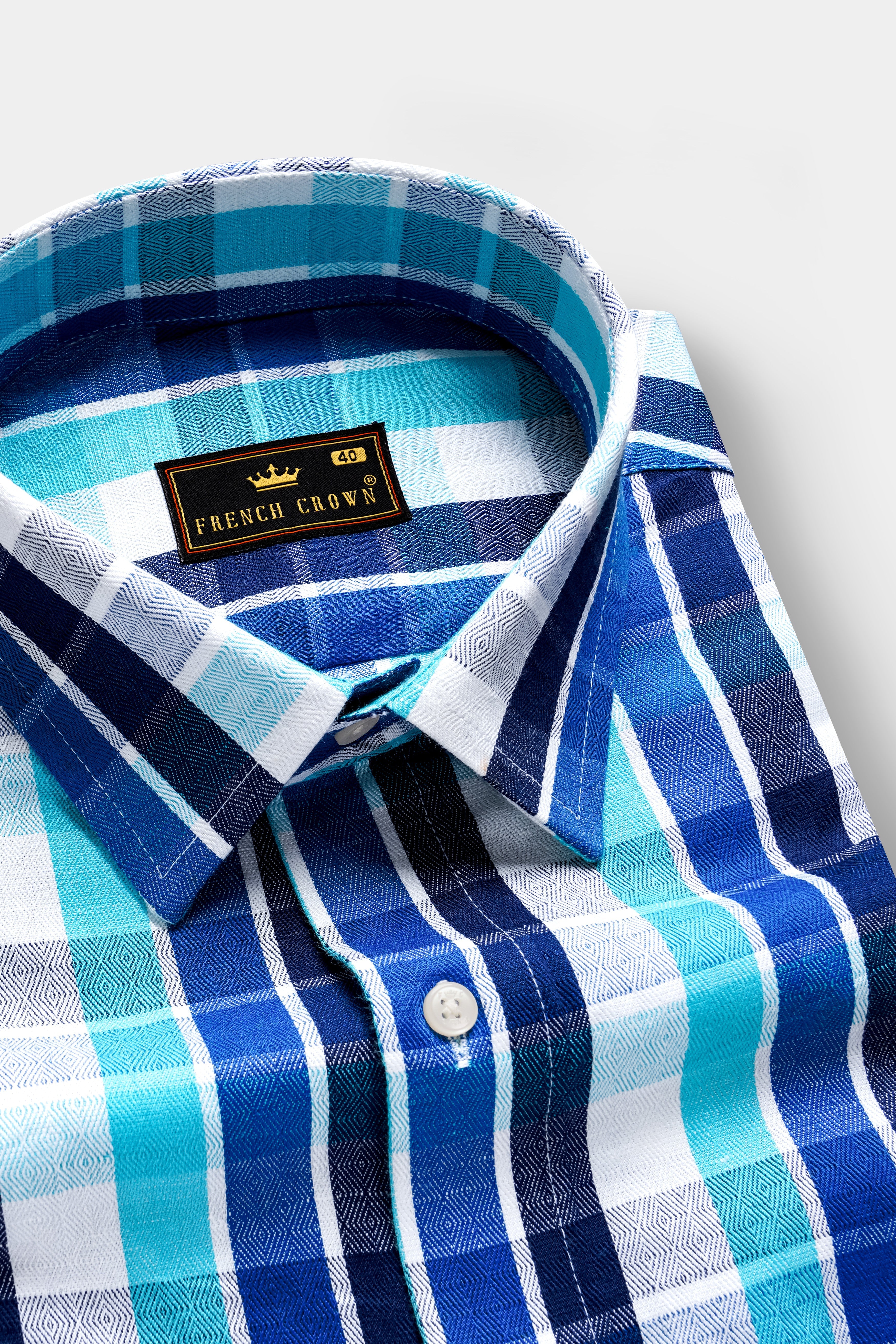 Azure-Sapphire Blue And Spray Plaid Dobby Textured Premium Giza Cotton Casual Shirt