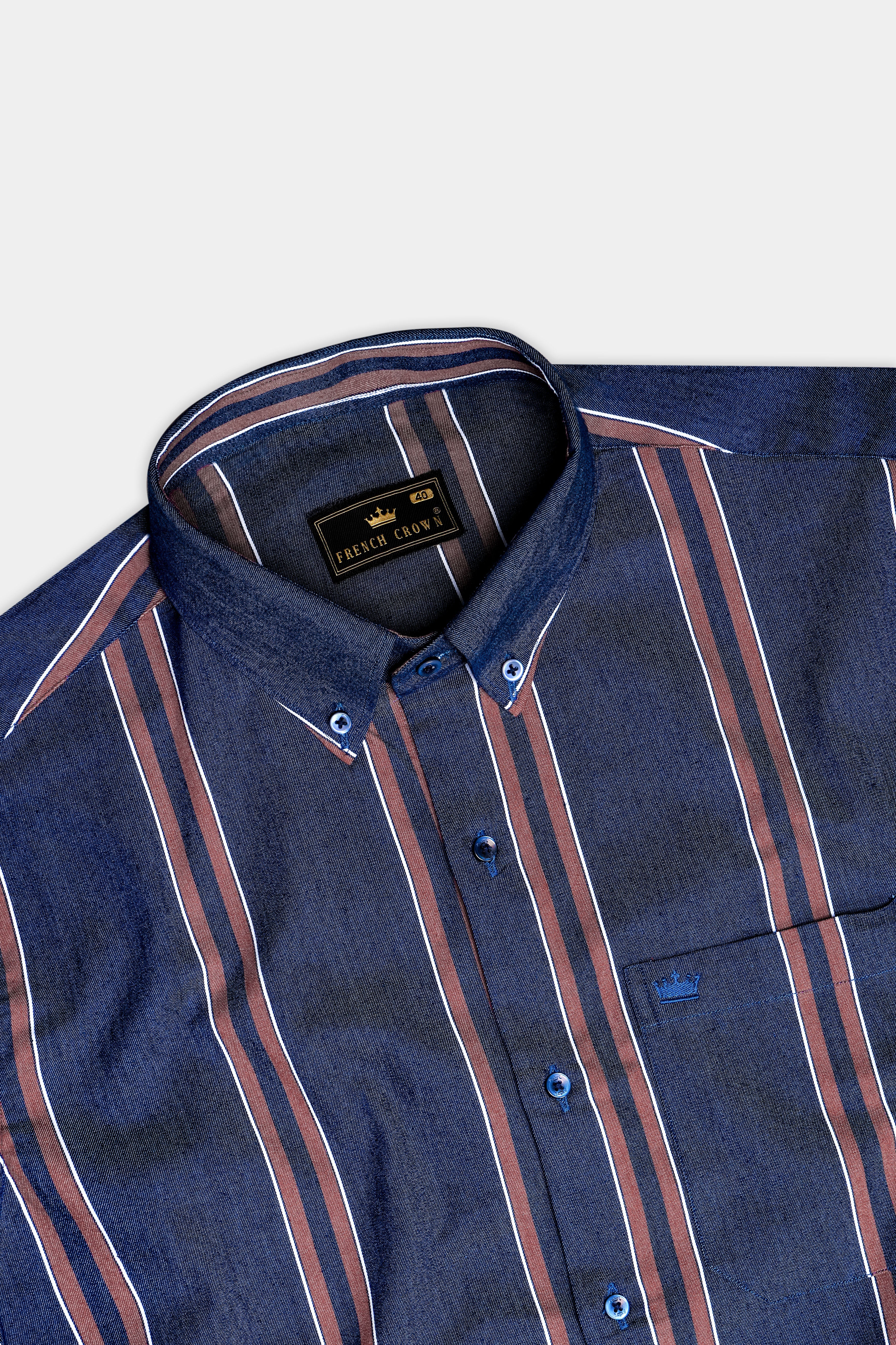 Celestial-Zodiac Blue And Russett Brown Stripes Denim Premium Cotton Casual Shirt