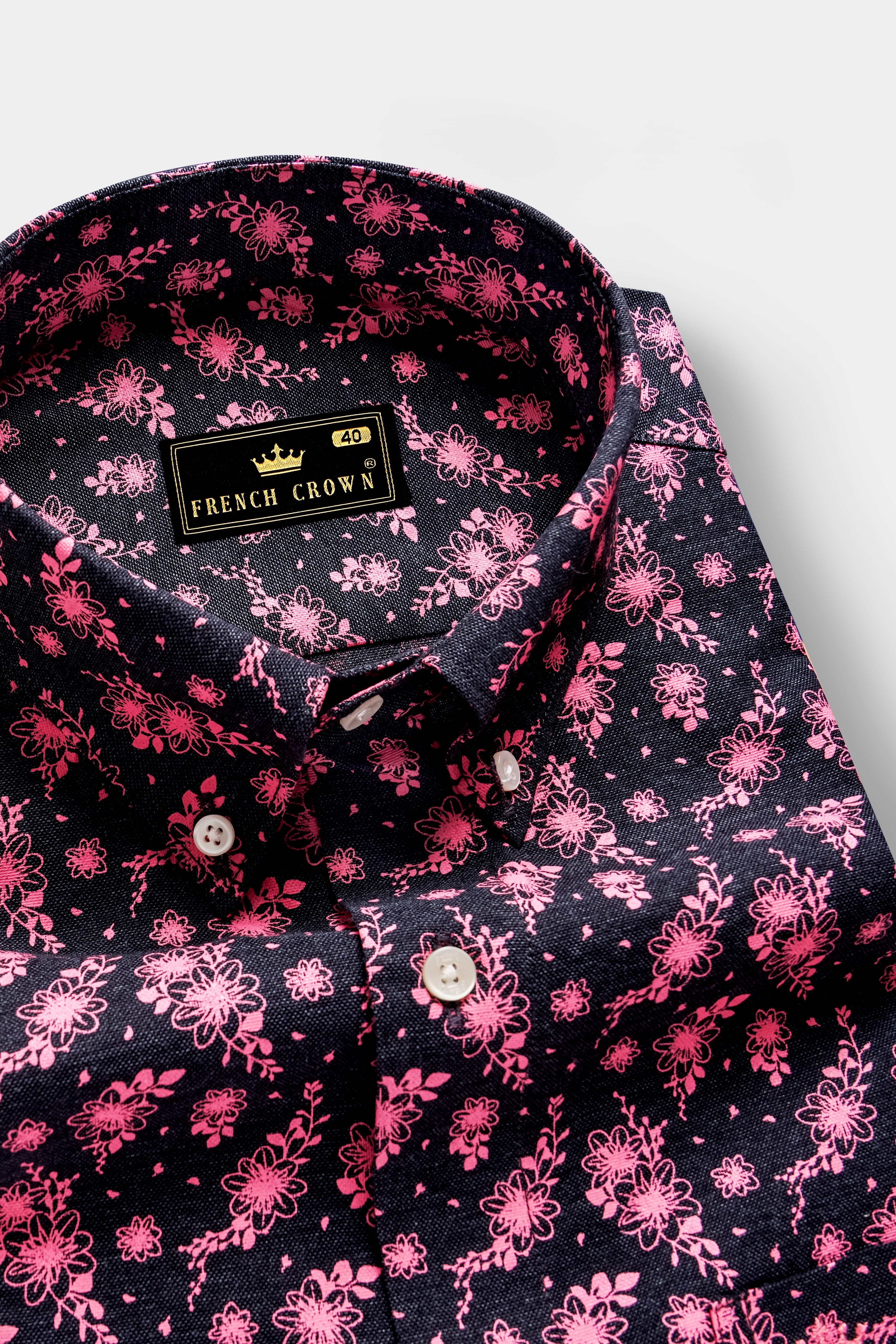 Shadow Petals-Jade Black And Carnation Pink Floral Printed Oxford Premium Cotton Casual Shirt