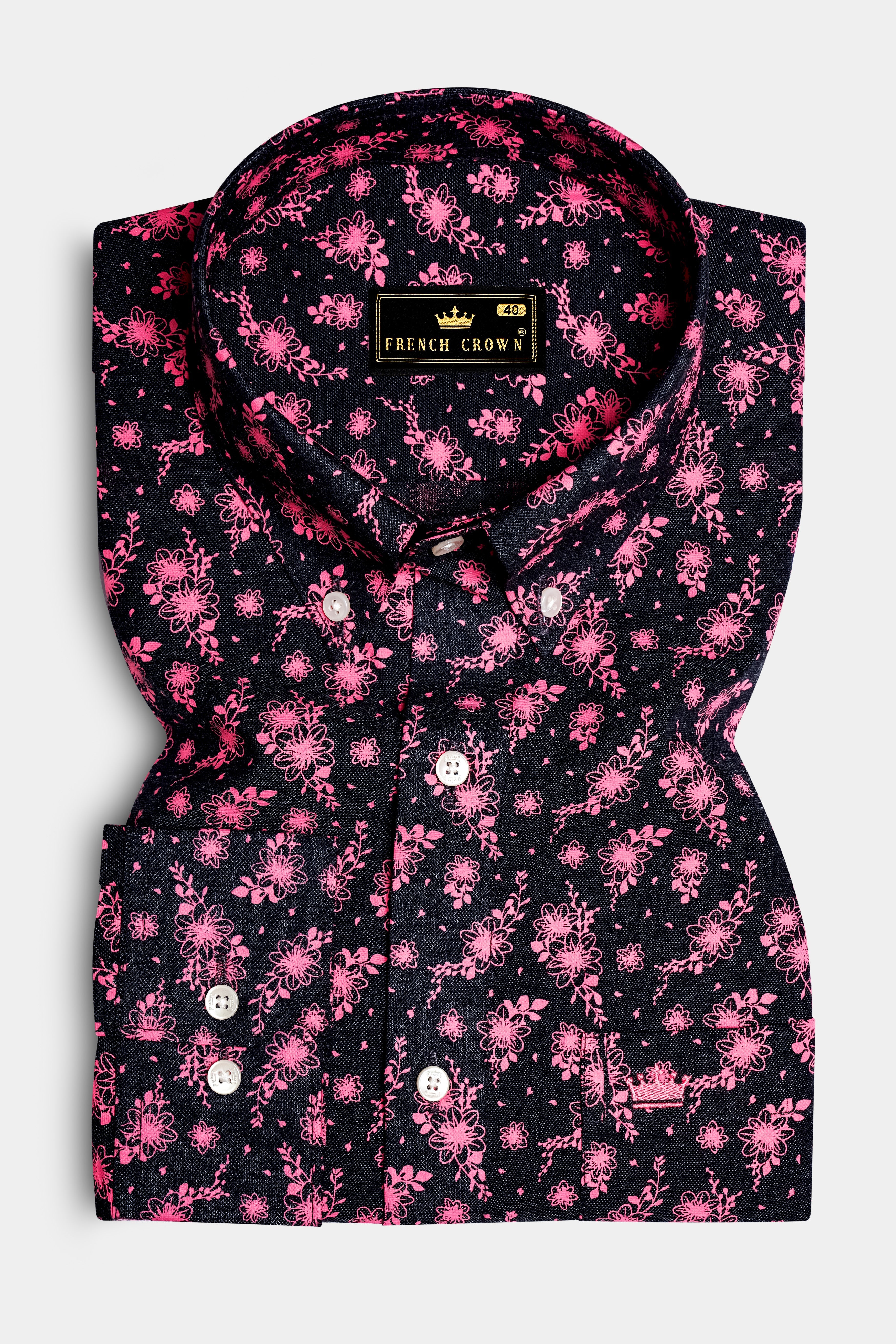 Shadow Petals-Jade Black And Carnation Pink Floral Printed Oxford Premium Cotton Casual Shirt