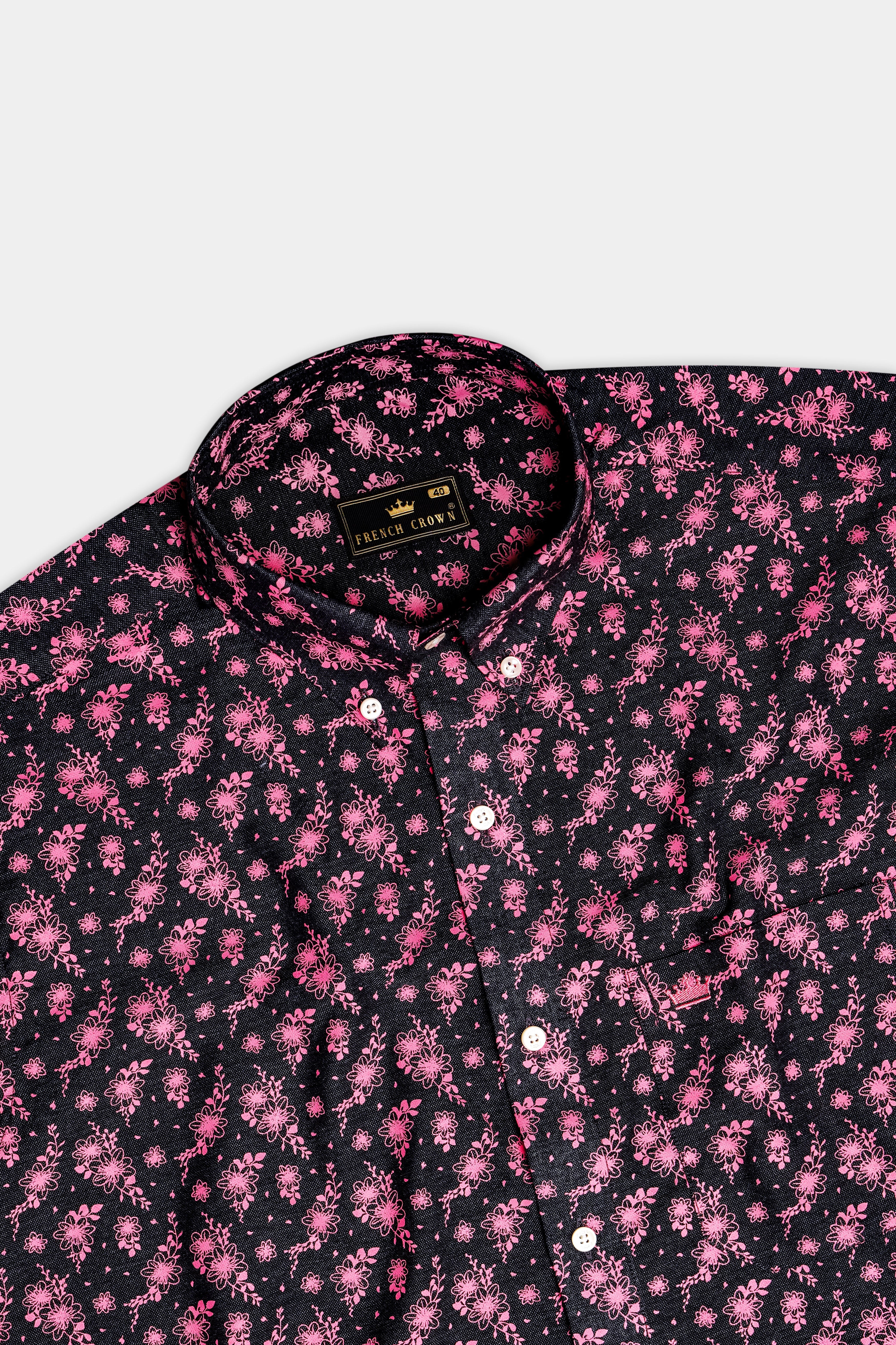 Shadow Petals-Jade Black And Carnation Pink Floral Printed Oxford Premium Cotton Casual Shirt