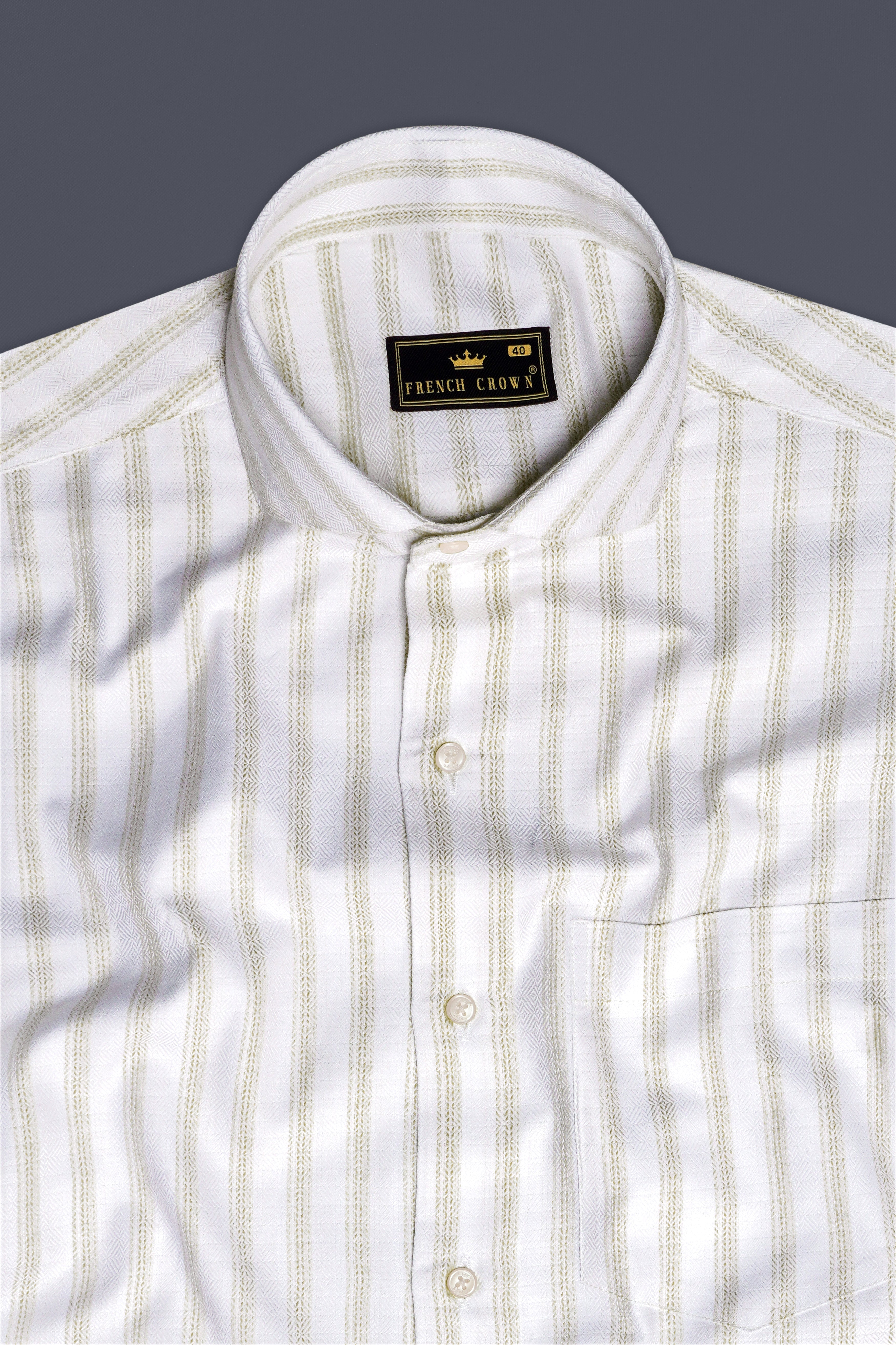 Bright White And Sprout Cream Striped Dobby Textured Premium Giza Cotton Dress Shirt