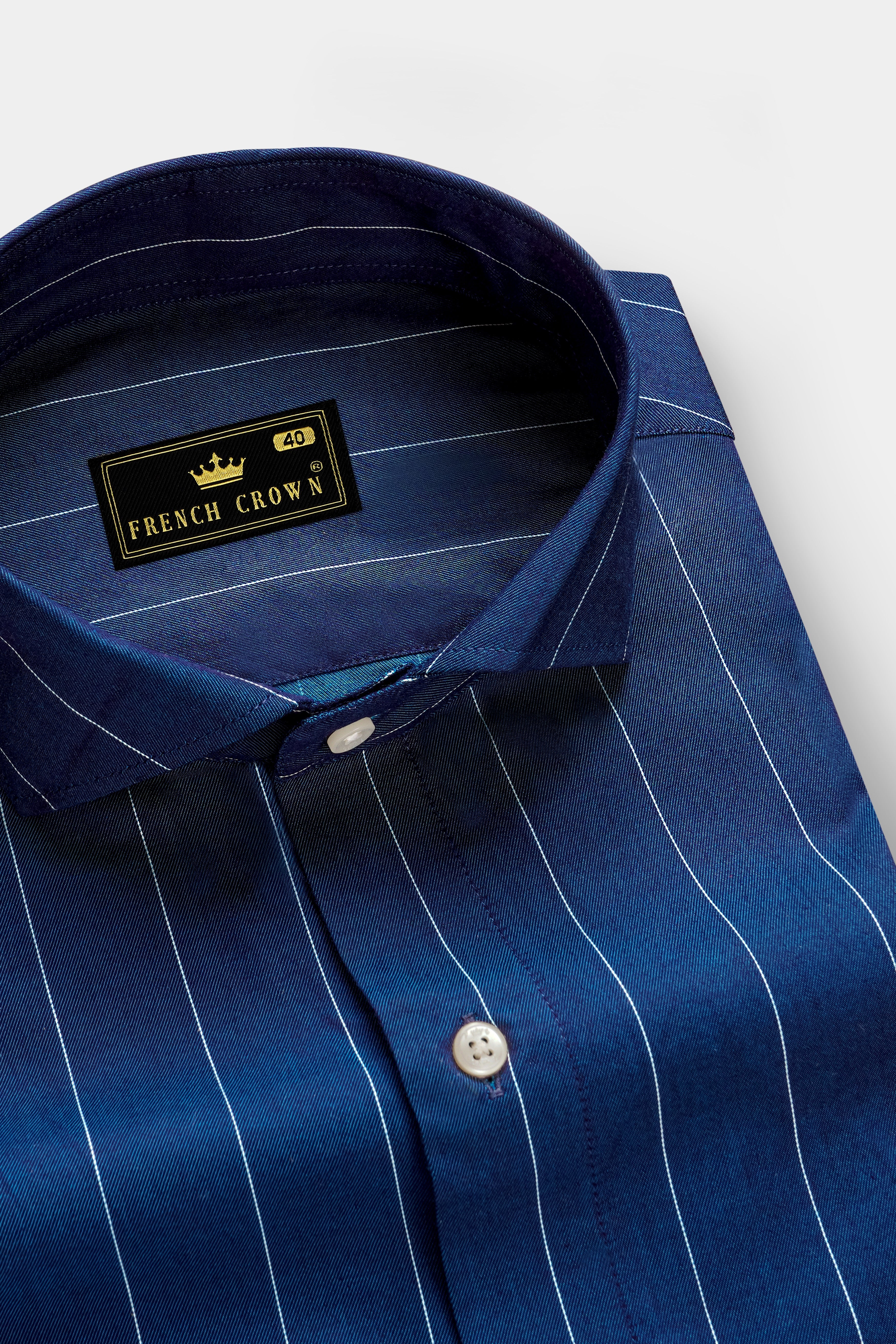 Sapphire Stria-Prussian Blue Striped Twill Premium Cotton Semi Formal Shirt