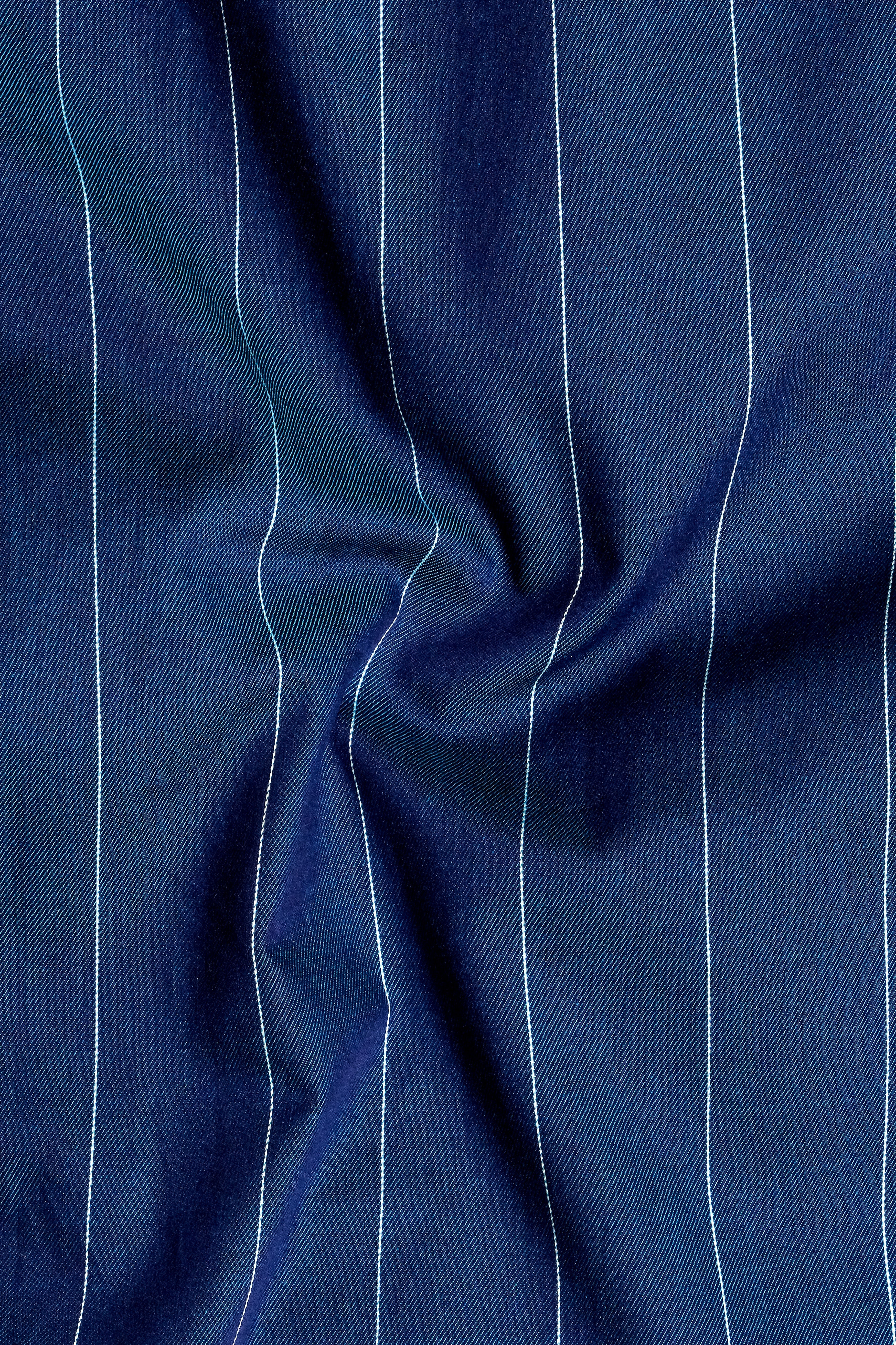 Sapphire Stria-Prussian Blue Striped Twill Premium Cotton Semi Formal Shirt