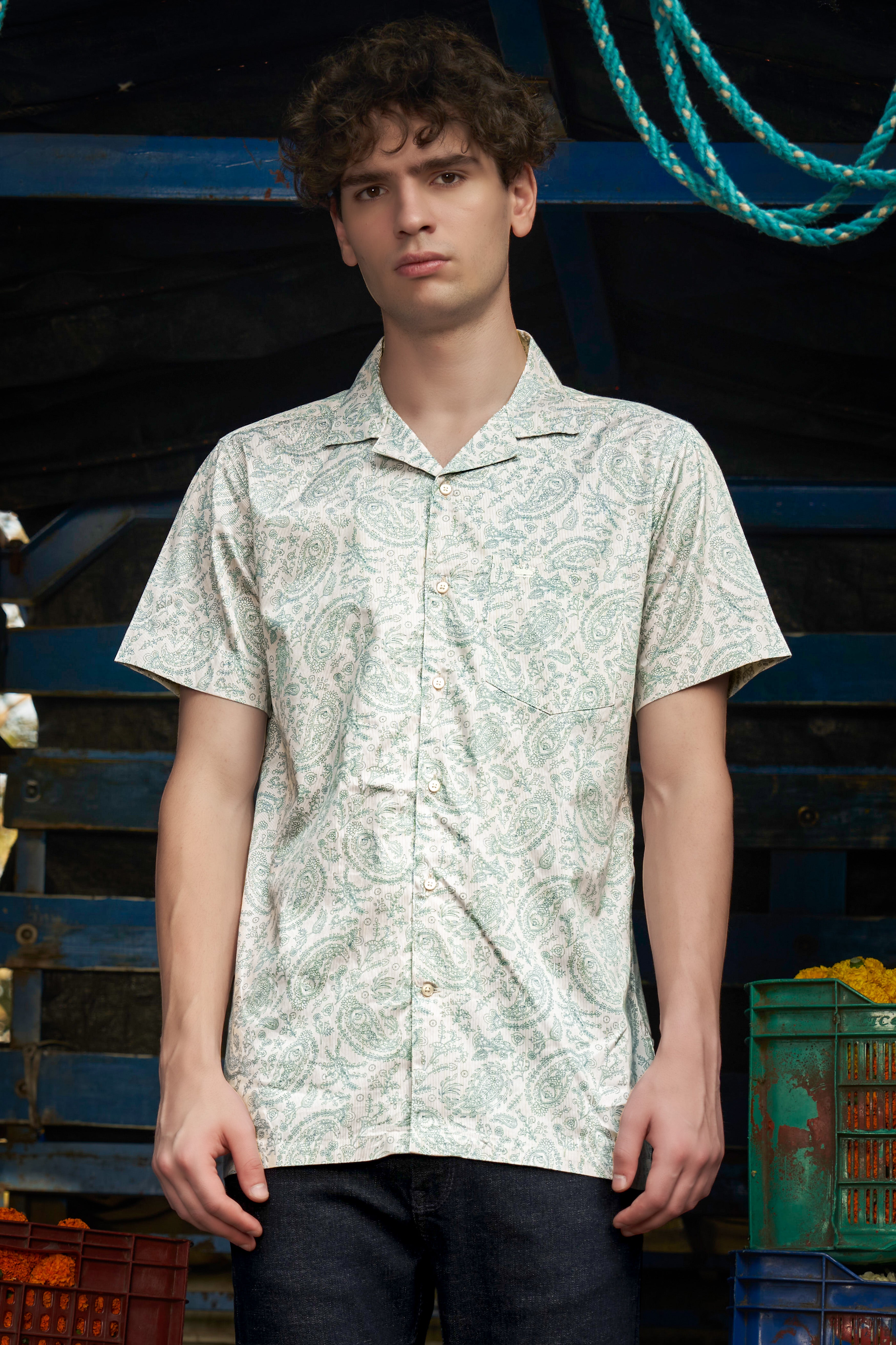 Ivy Stone-Stonewall Cream And Dianne Green Keri Printed Subtle Sheen Super Soft Premium Cotton Casual Shirt