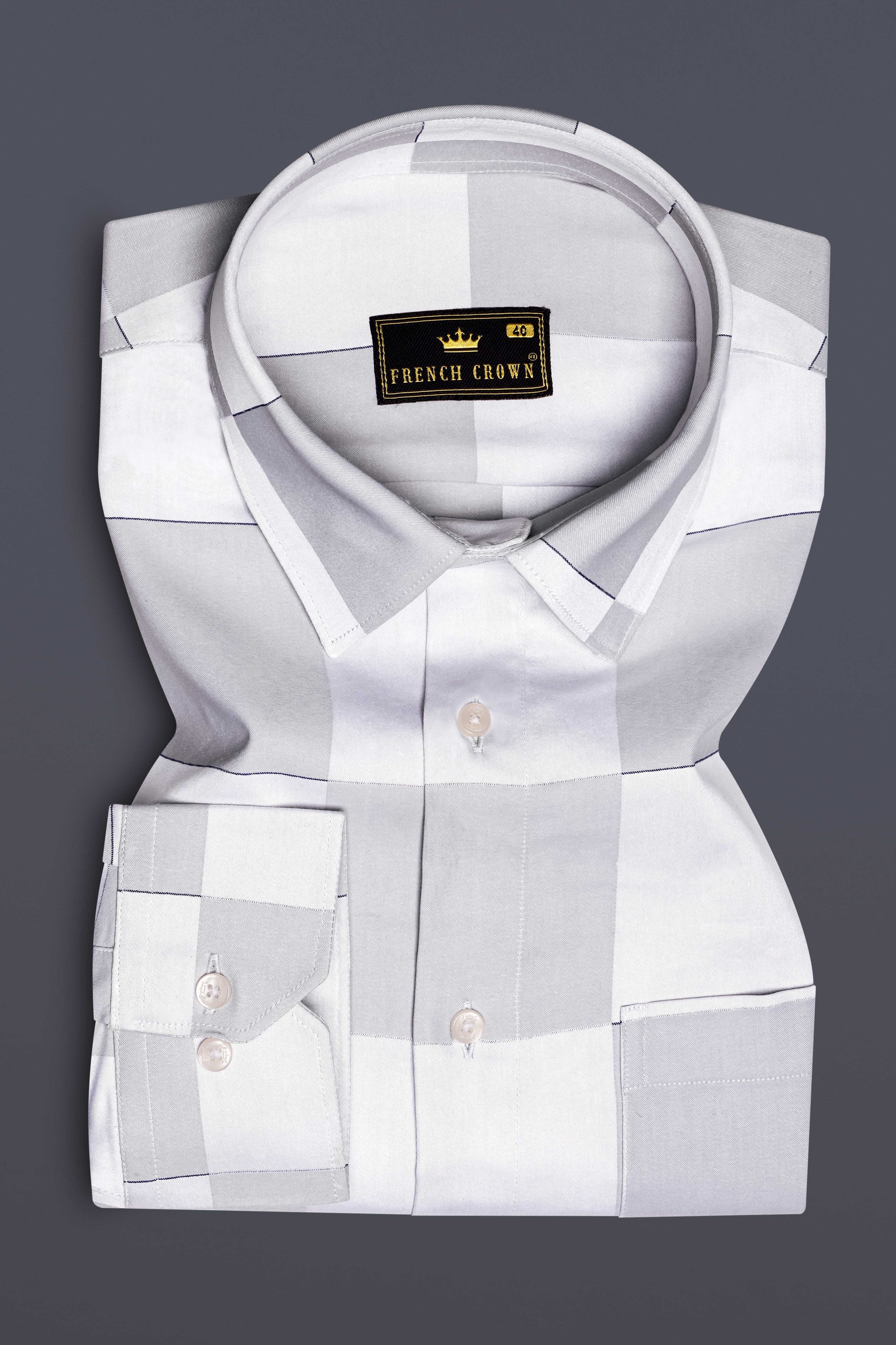 Frosted Grid-Mercury Gray And Bright White Windowpane Jacquard Textured Premium Cotton Dress Shirt