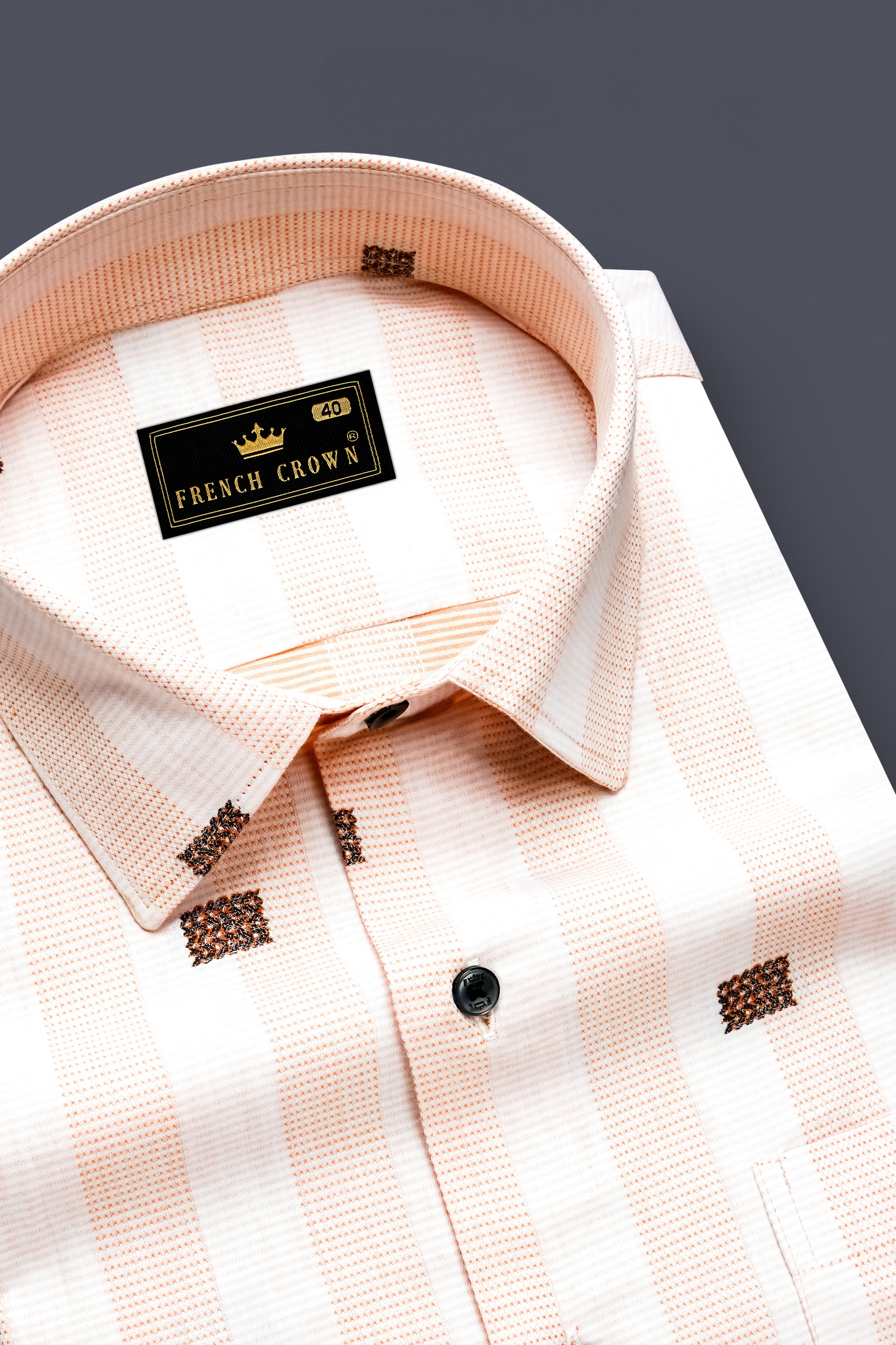 Tangerine-Melon Peach And Bright White Striped Jacquard Textured Premium Cotton Dress Shirt