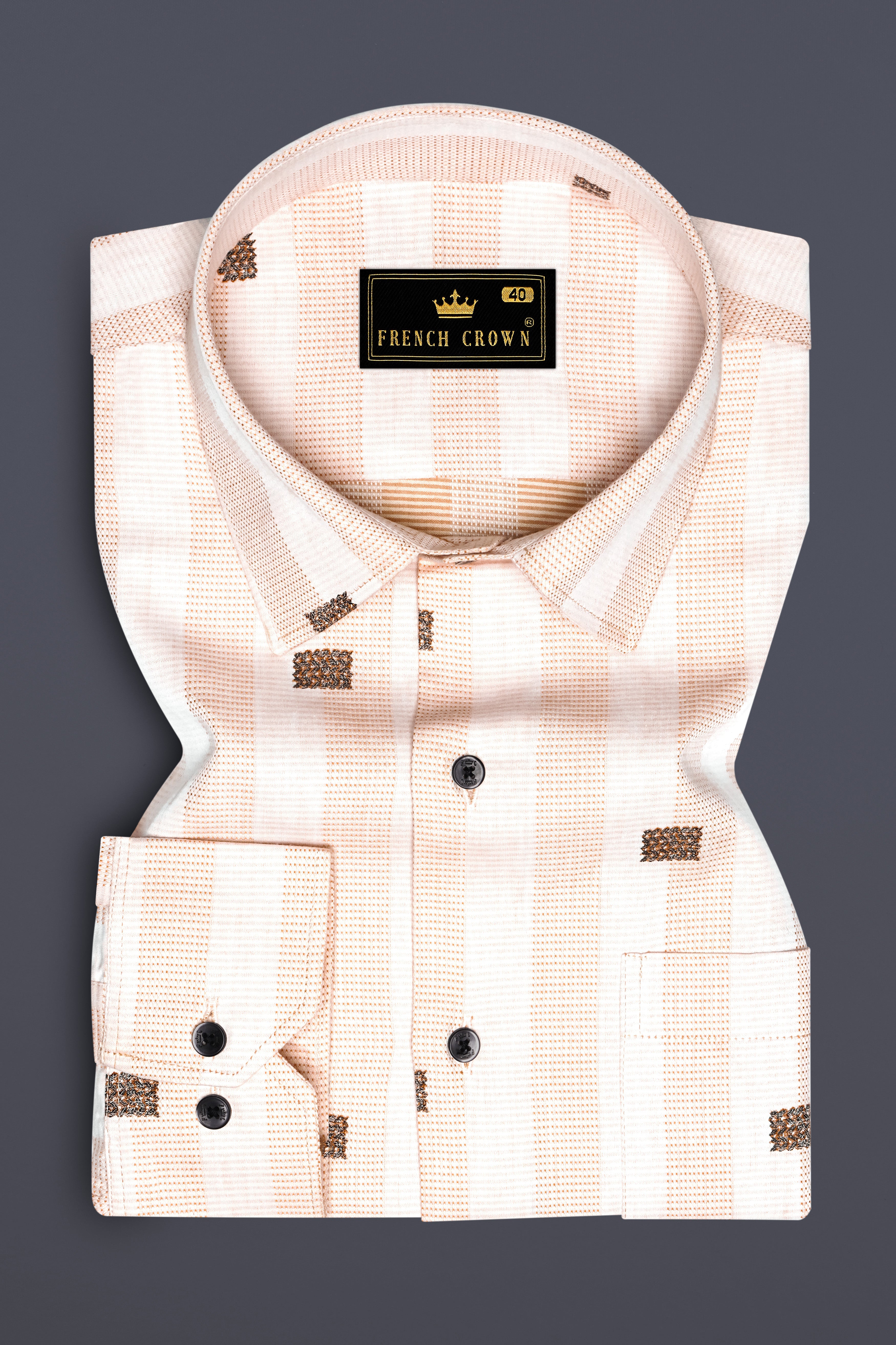 Tangerine-Melon Peach And Bright White Striped Jacquard Textured Premium Cotton Dress Shirt