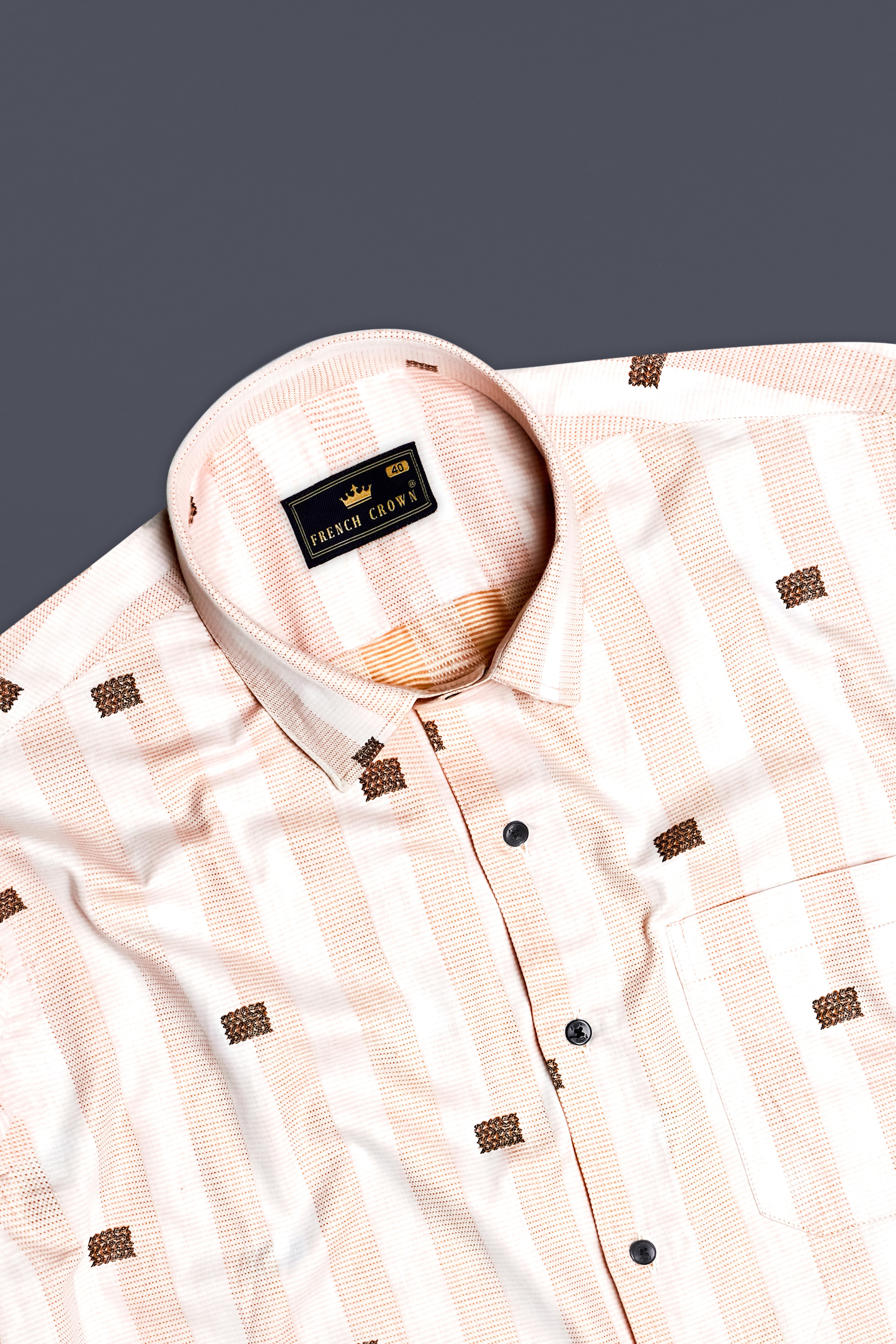 Tangerine-Melon Peach And Bright White Striped Jacquard Textured Premium Cotton Dress Shirt