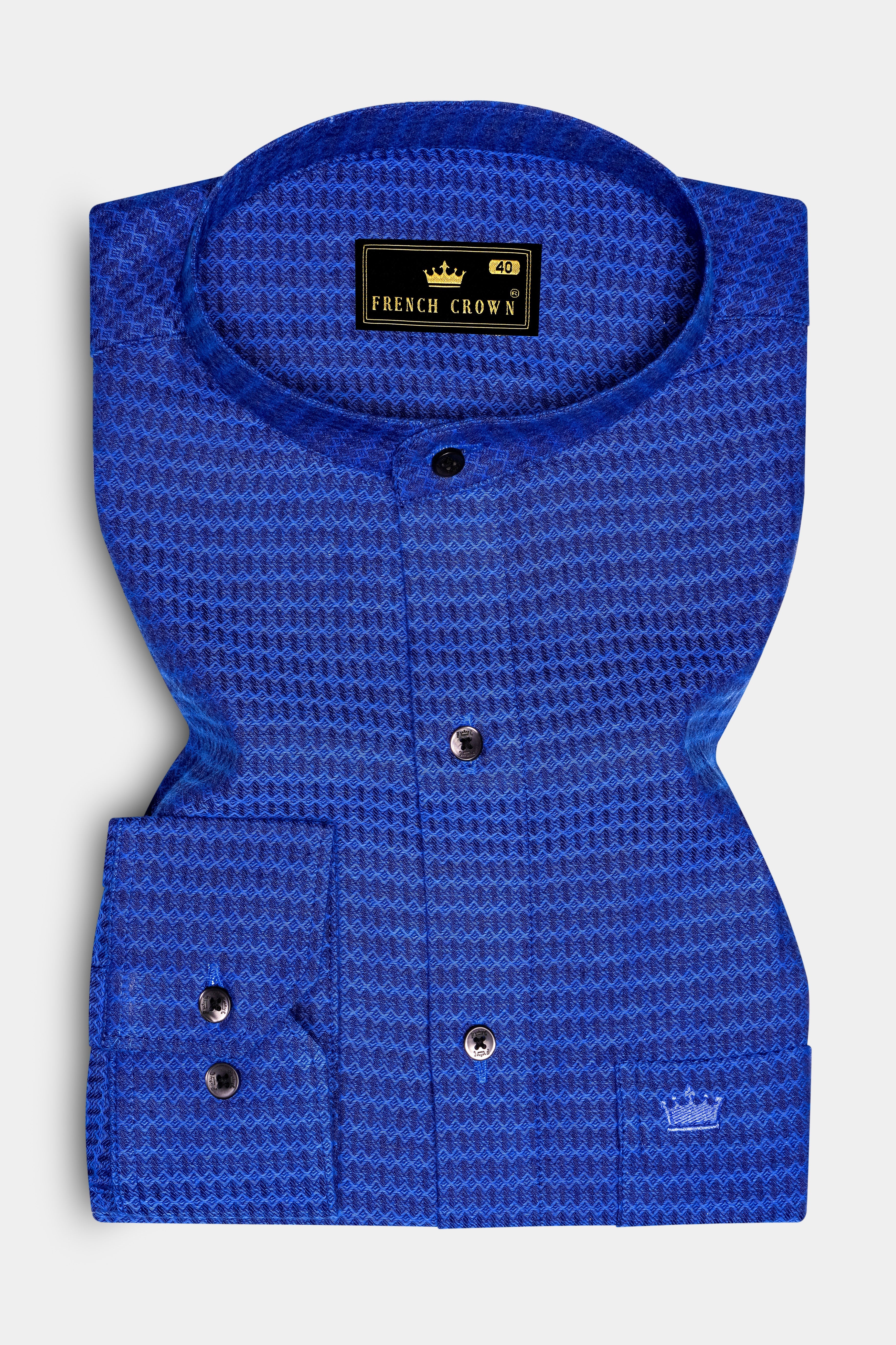 Oceanic-Biscay Blue Jacquard Textured Premium Cotton Semi Formal Shirt