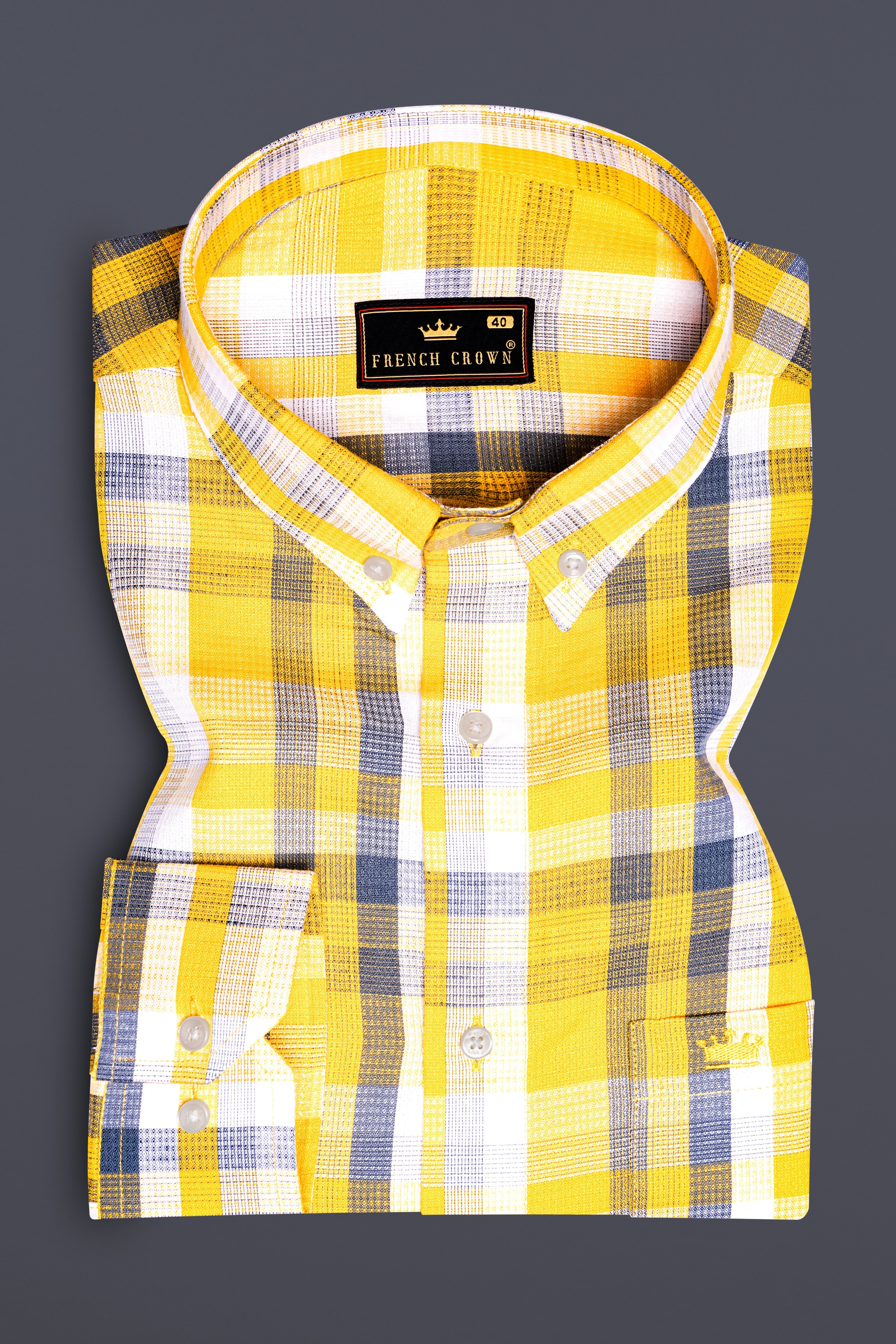 Solar Eclipse-Kournikova Yellow And Meteorite Blue Plaid Dobby Textured Premium Giza Cotton Casual Shirt