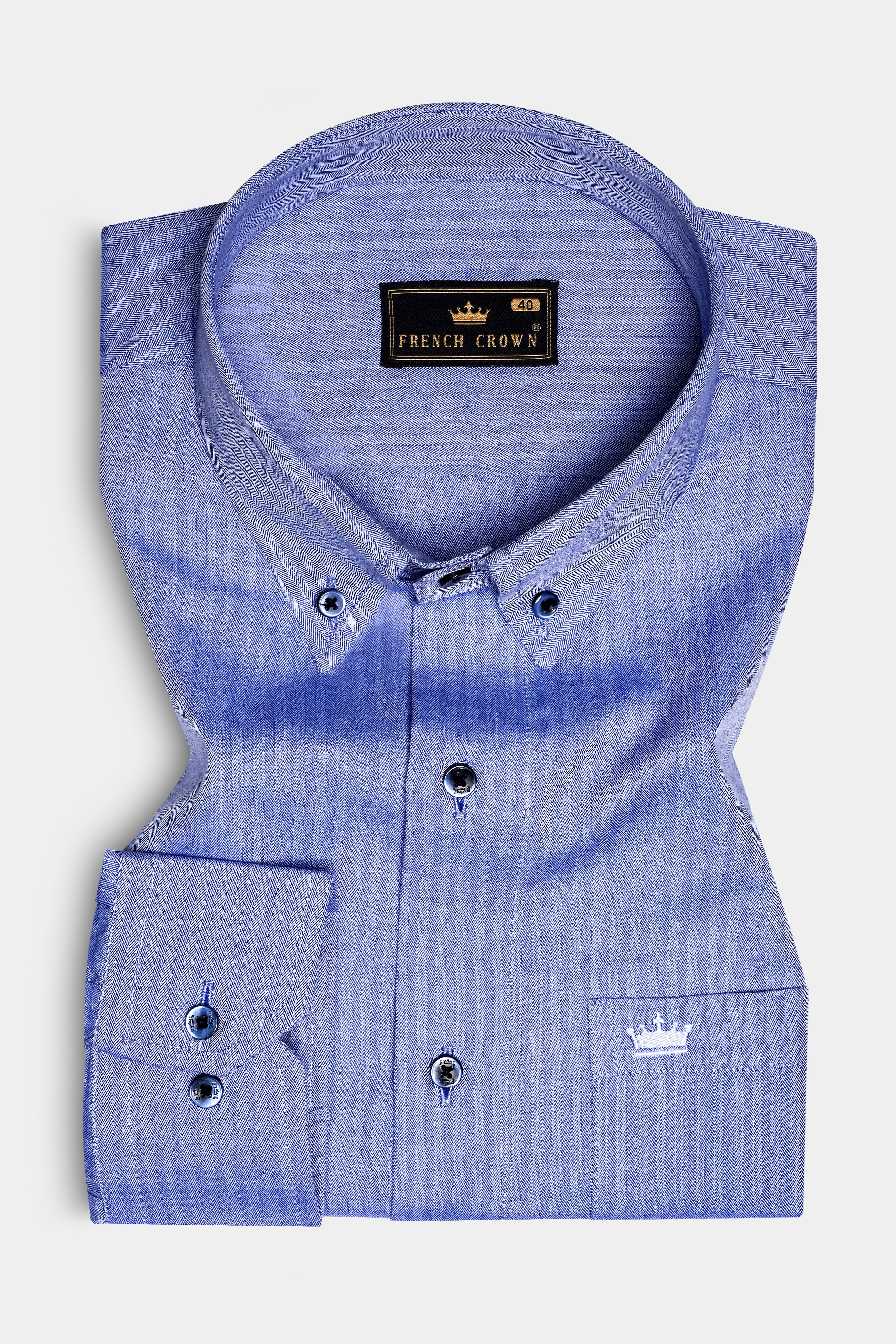 Azure-Glaucous Blue Textured Herringbone Premium Cotton Dress Shirt