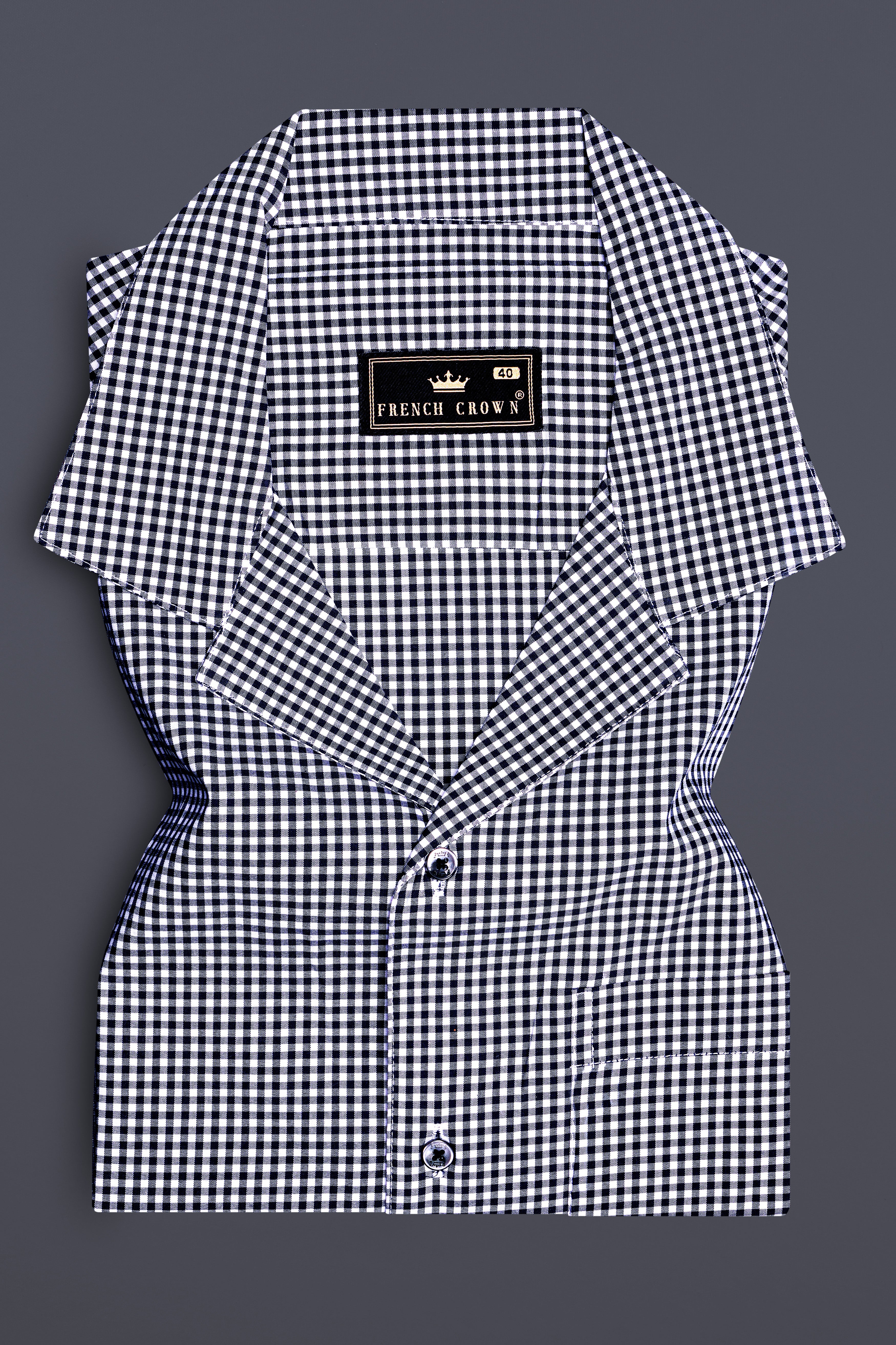 Oceanic-Midnight Blue And Bright White Gingham Plaid Super Soft Premium Cotton Casual Cuban Collar Shirt